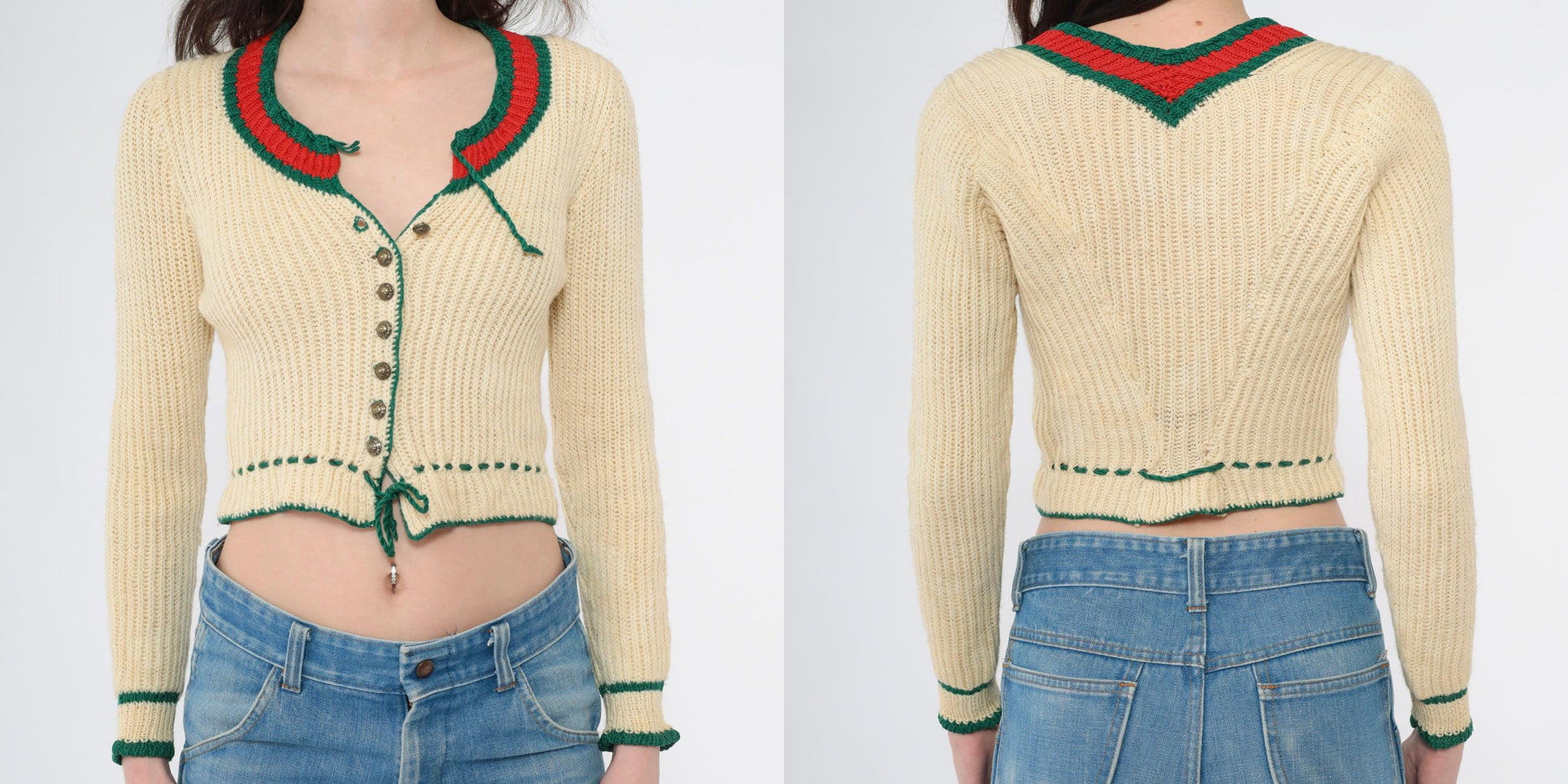 70s Cream Knit Cardigan Cropped Alpine Folk Red Green Trim Extra Small