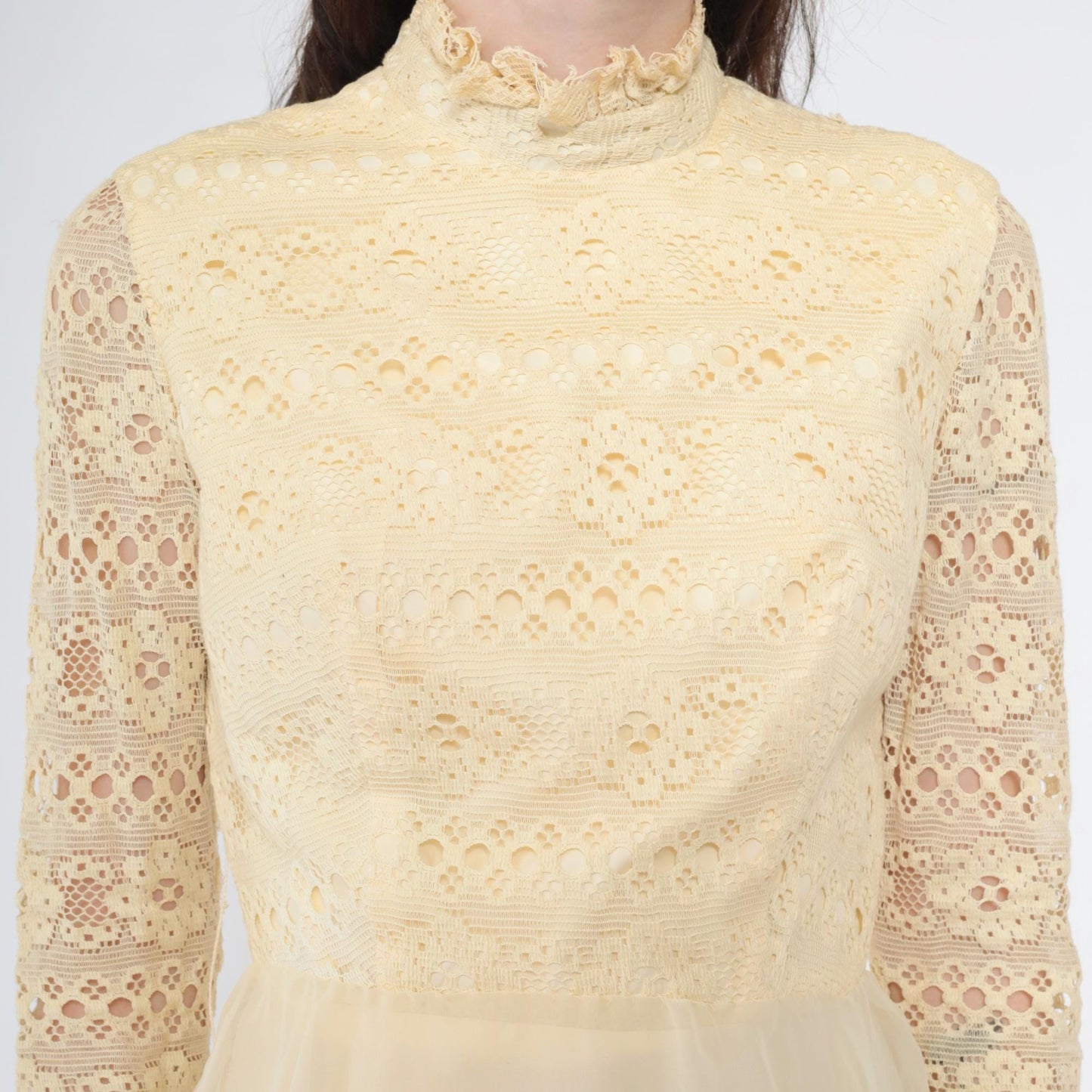 Late 60s Early 70s Cream Lace Mini Dress High Neck Sheer Sleeves Small