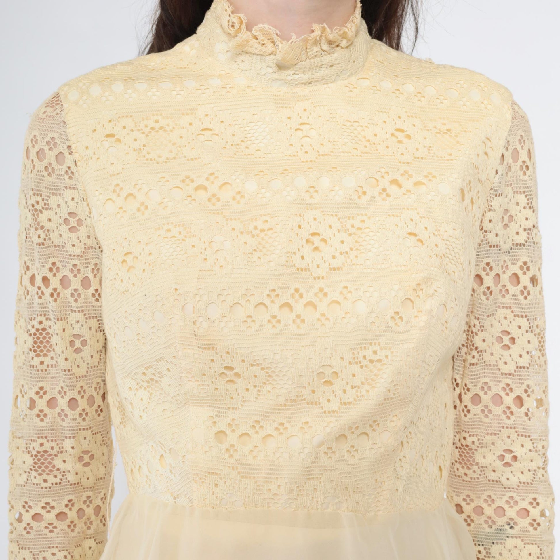 Late 60s Early 70s Cream Lace Mini Dress High Neck Sheer Sleeves Small