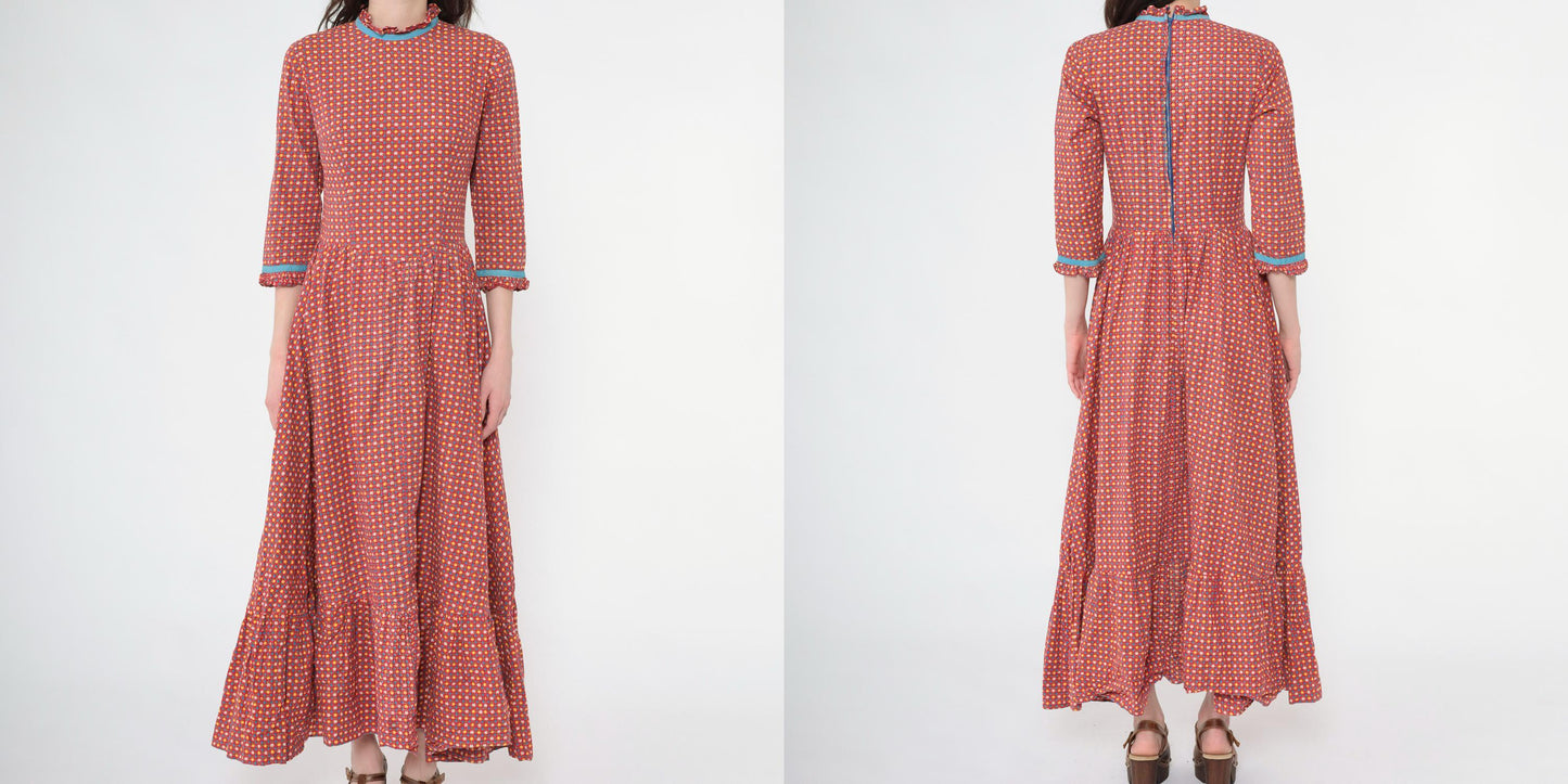 70s Red Calico Floral Maxi Dress High Waisted 3/4 Sleeve Ruffle Trim Small