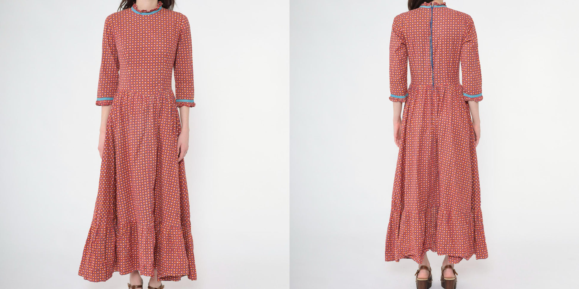 70s Red Calico Floral Maxi Dress High Waisted 3/4 Sleeve Ruffle Trim Small
