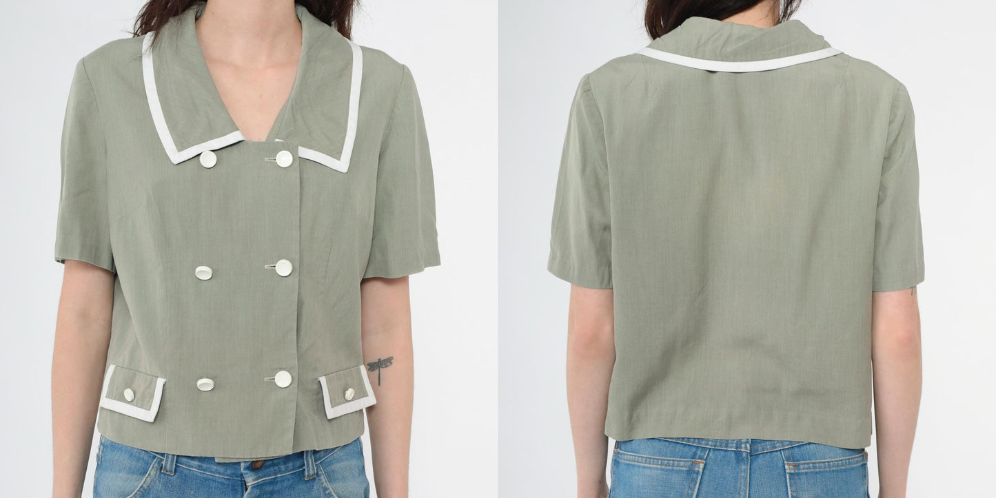 80s Grey Double Breasted Blouse Short Sleeve Button Up Medium M