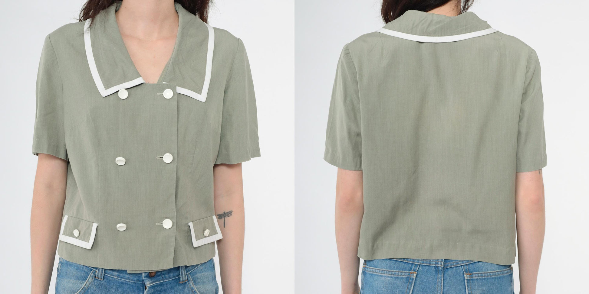 80s Grey Double Breasted Blouse Short Sleeve Button Up Medium M
