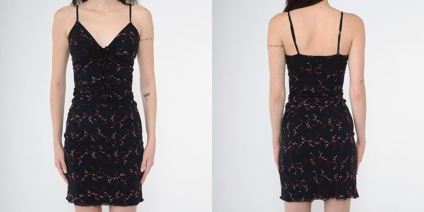 Y2K Fredericks of Hollywood Floral Bodycon Mini Dress Black Spaghetti Strap Extra Small