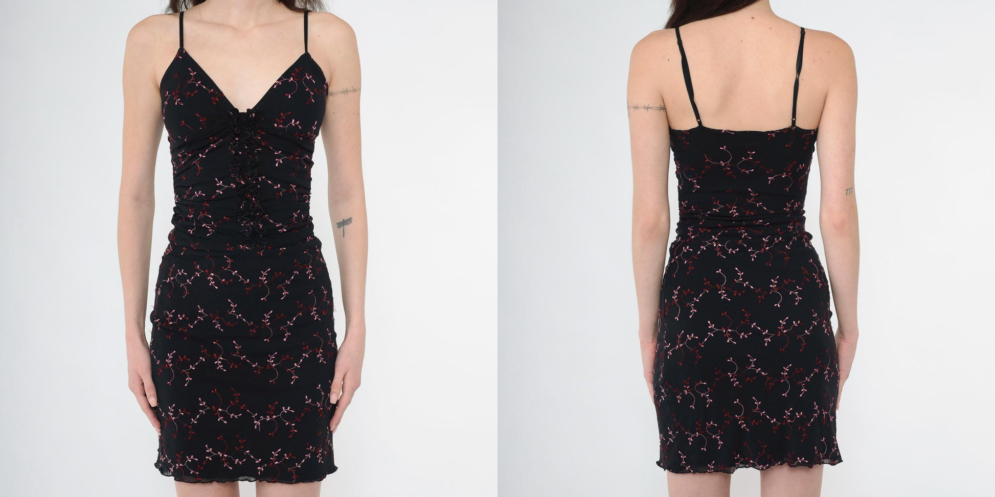 Y2K Fredericks of Hollywood Floral Bodycon Mini Dress Black Spaghetti Strap Extra Small