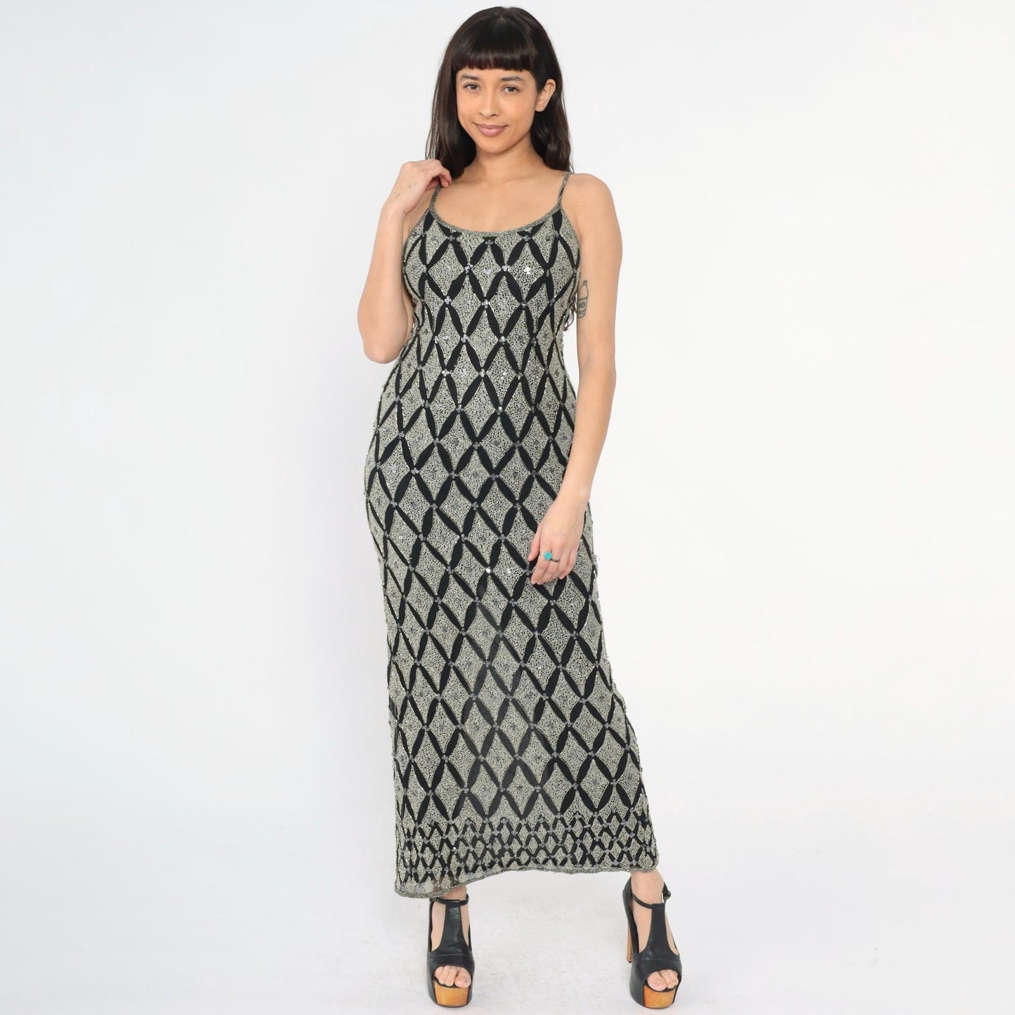 Y2K Adrianna Papell Silk Beaded Maxi Dress Black Silver Sequin Spaghetti Strap Small