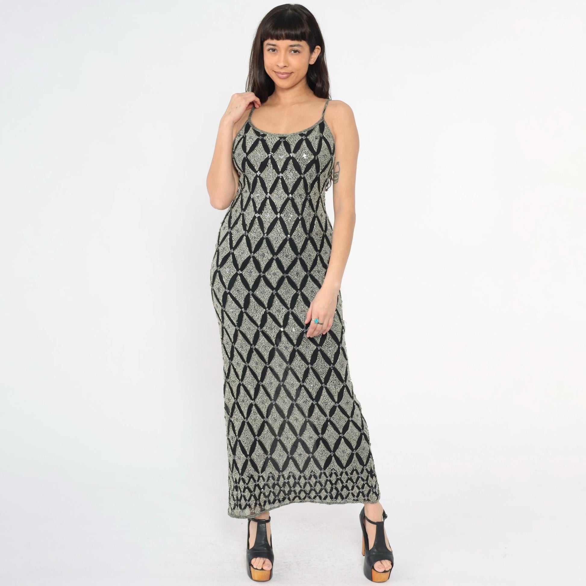Y2K Adrianna Papell Silk Beaded Maxi Dress Black Silver Sequin Spaghetti Strap Small