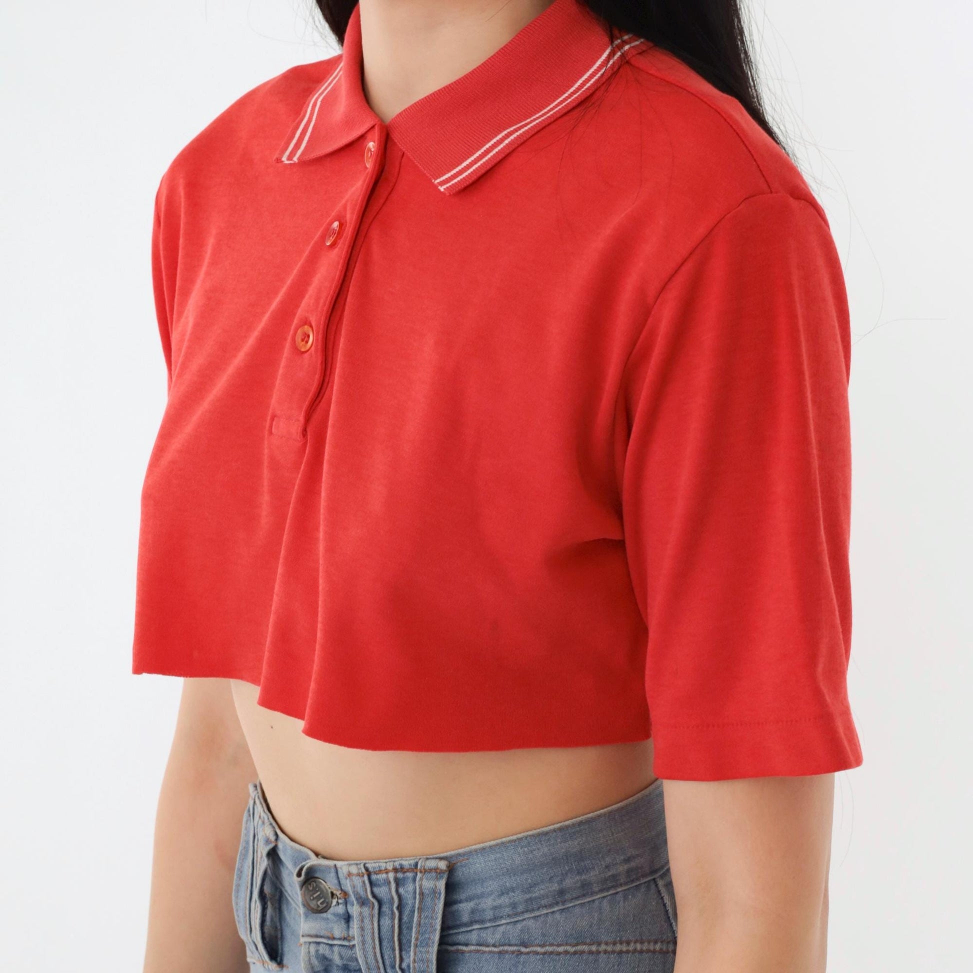 80s Cougar Golf Polo Crop Top Red White Stripe Raw Hem Small S