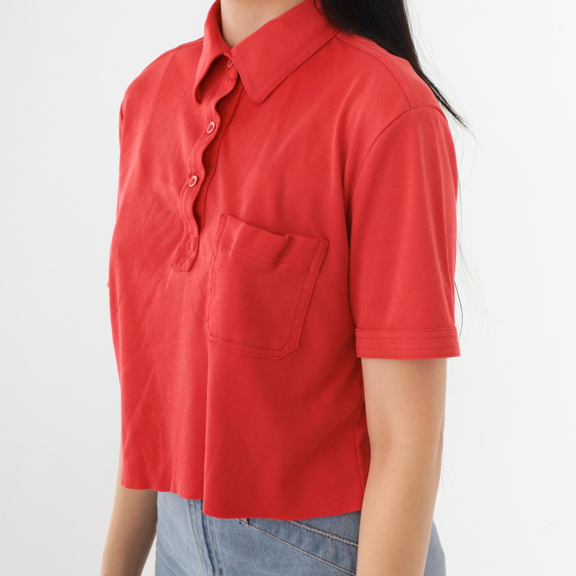 90s Red Polo Shirt Cropped Raw Hem Chest Pocket Medium M