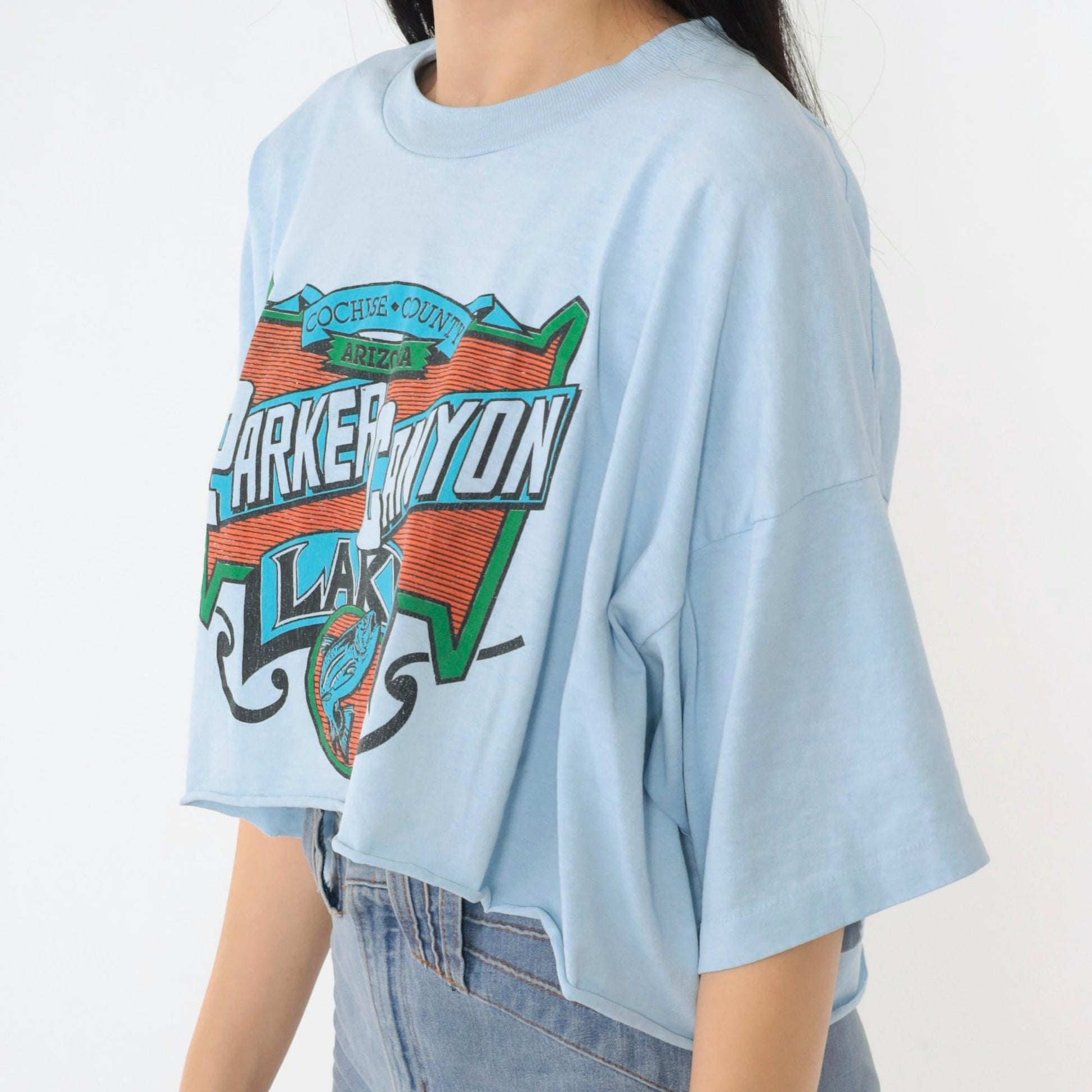 90s Parker Canyon Lake Arizona Fishing Graphic Crop Tee Baby Blue XXL