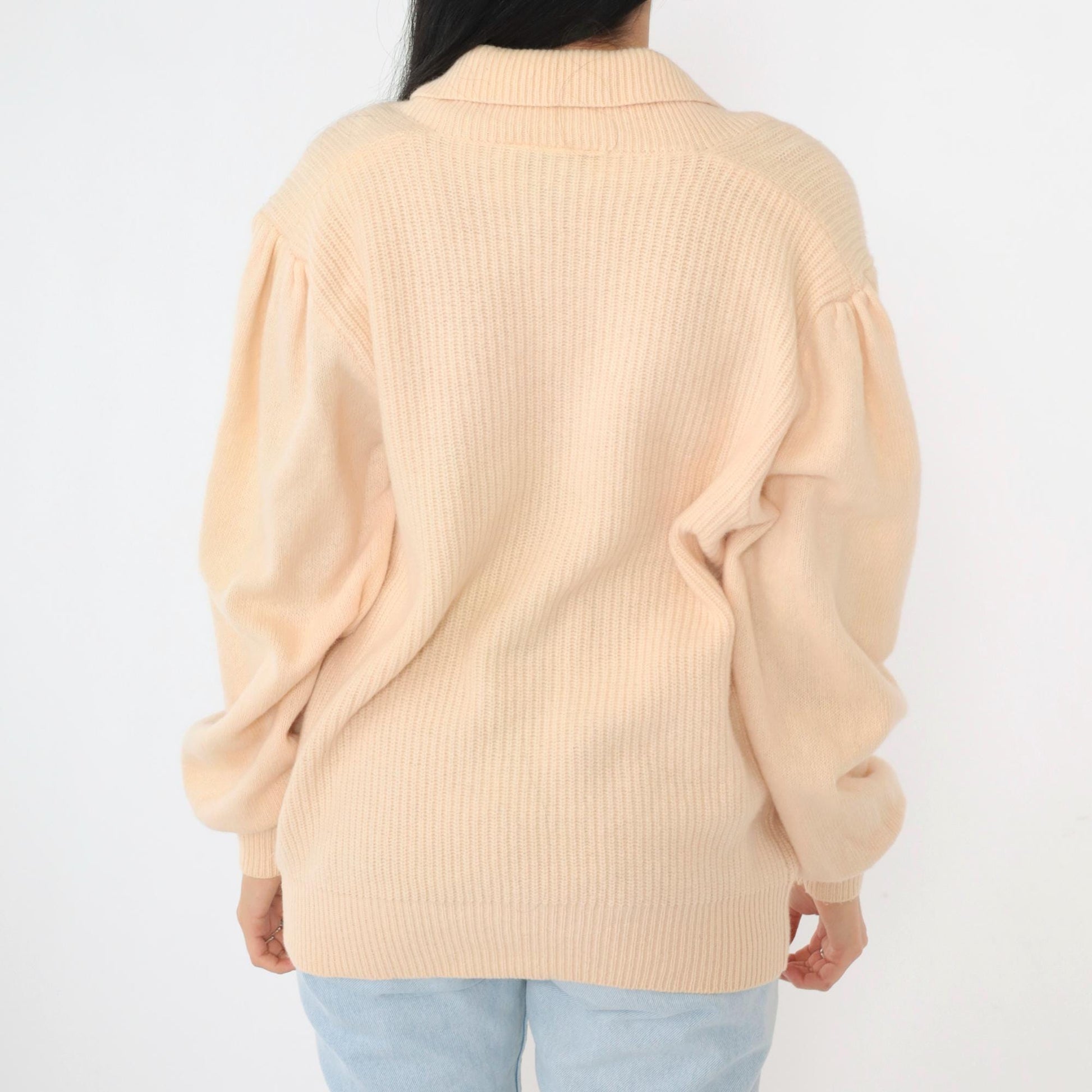 80s Peach Wool Angora Cardigan Deep V Neck Ribbed Button Up Medium