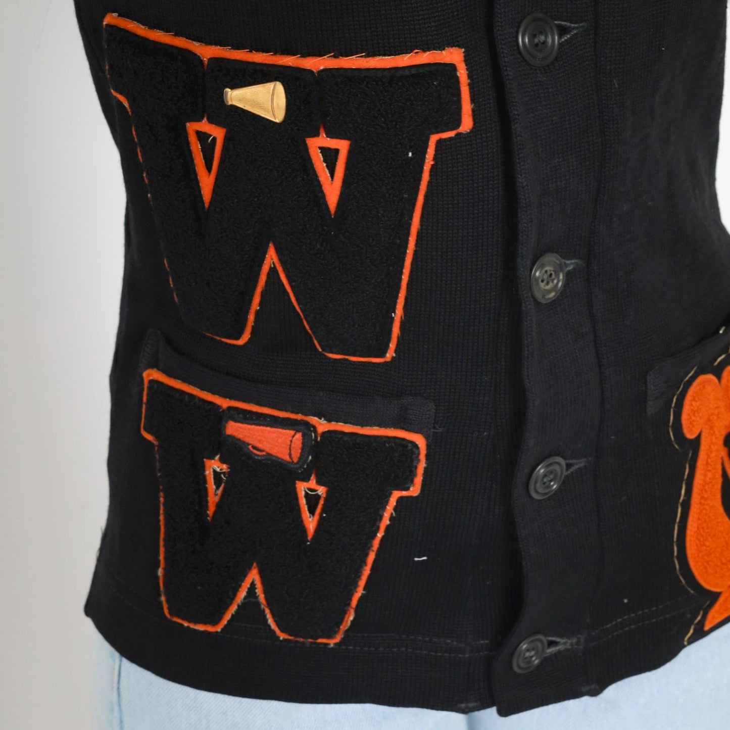 1950s Wilson Black Wool Varsity Cardigan Orange Chenille Patches Small