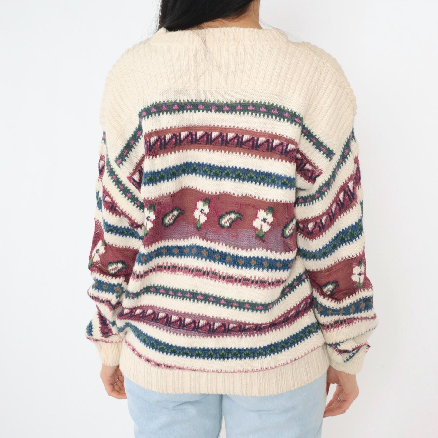 90s Woolrich Cream Knit Floral Sheer Stripe Pullover Crew Neck Medium M