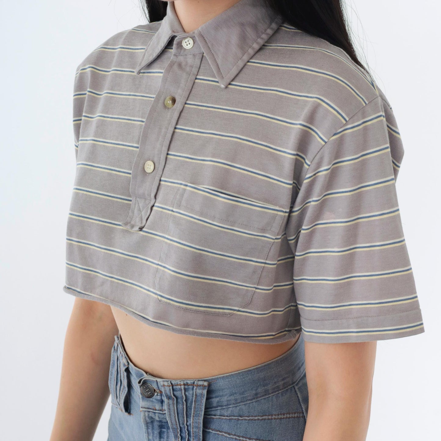 90s Christian Dior Polo Shirt Grey Striped Crop Top Small S