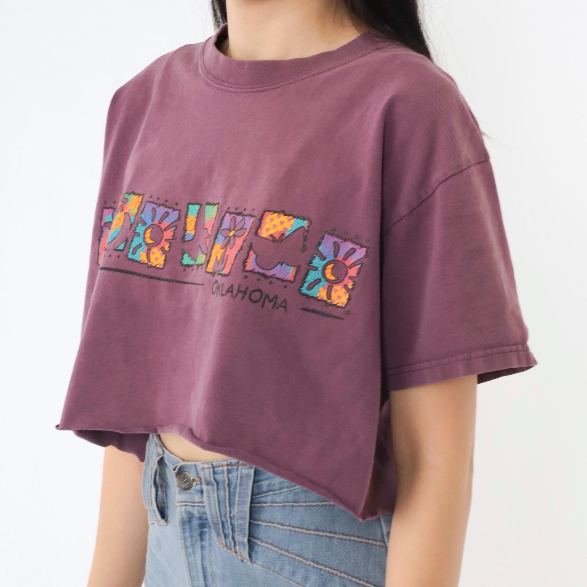 90s Oklahoma Floral Crop Top Burgundy Graphic T-Shirt Medium