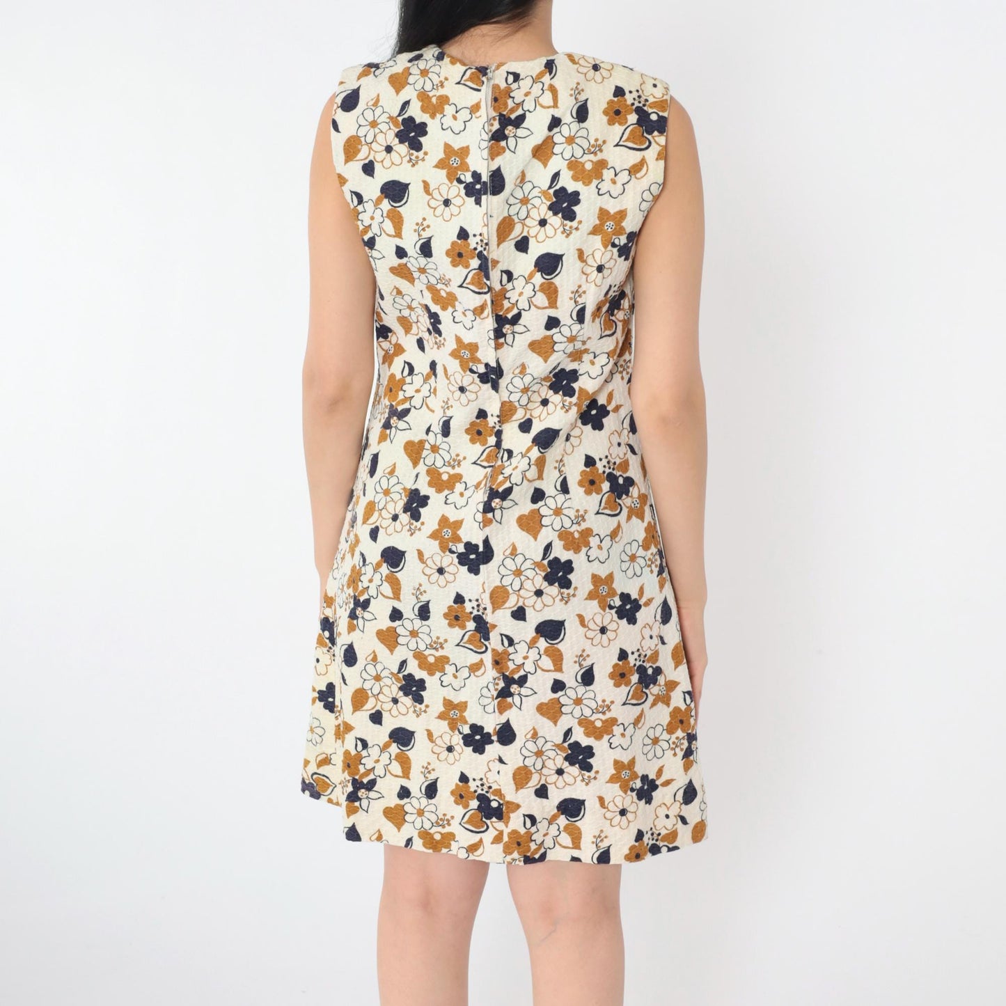 60s Mod Floral Mini Shift Dress Cream Blue Brown Honeycomb Small S