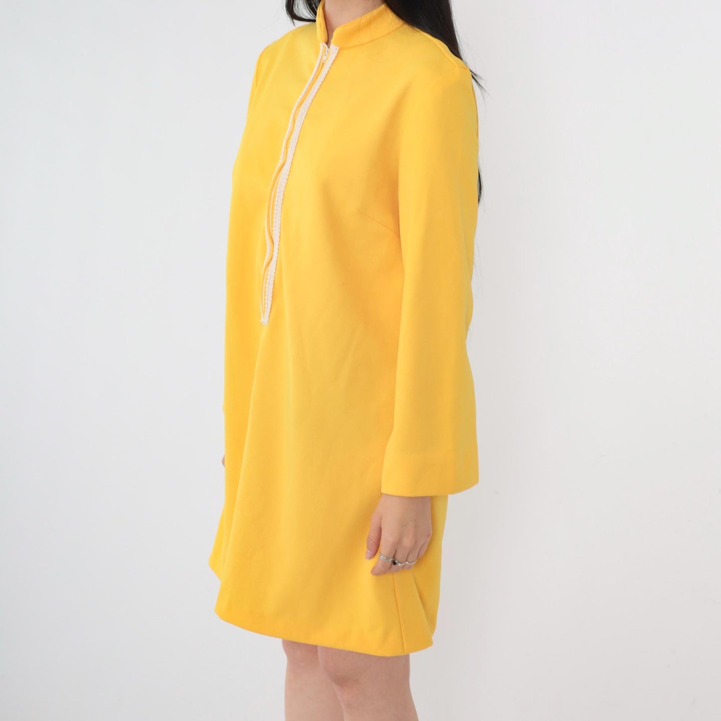 70s Yellow Mod Shift Dress Front Zip Wide Sleeve Mandarin Collar Mini Small