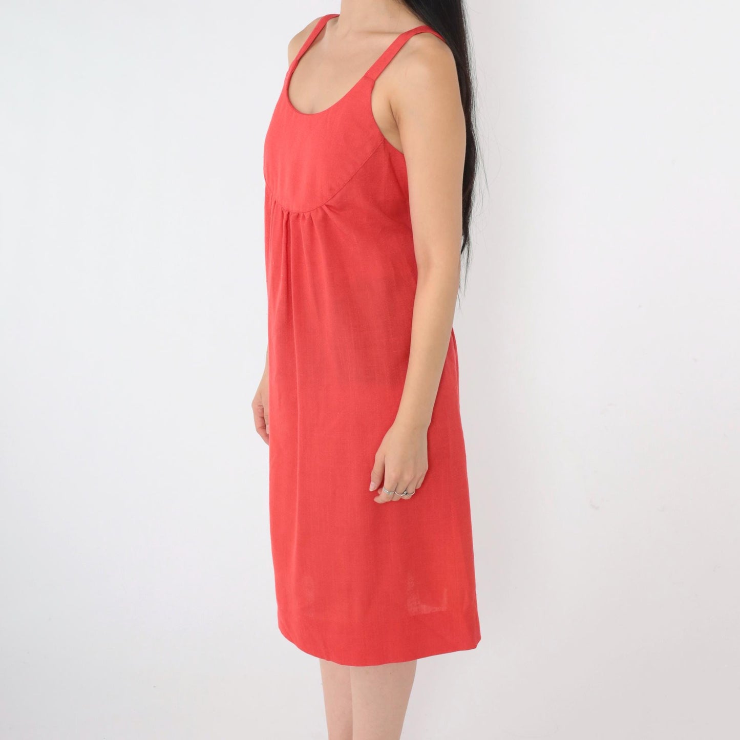 70s Red Empire Waist Sundress Tank Strap Scoop Neck Pockets Small