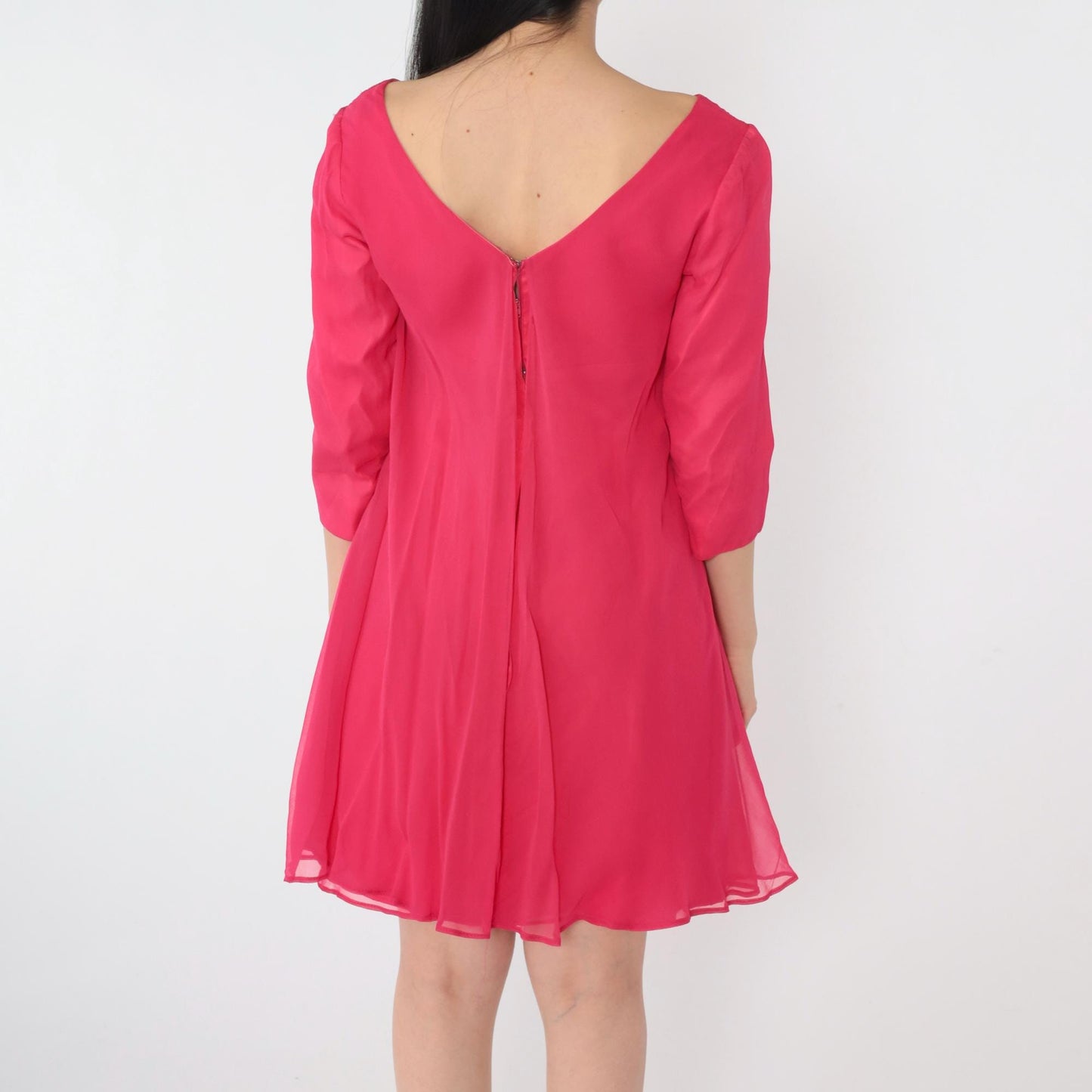 60s Pink Chiffon Mini Dress Empire Waist Floral Applique Long Sleeve Extra Small