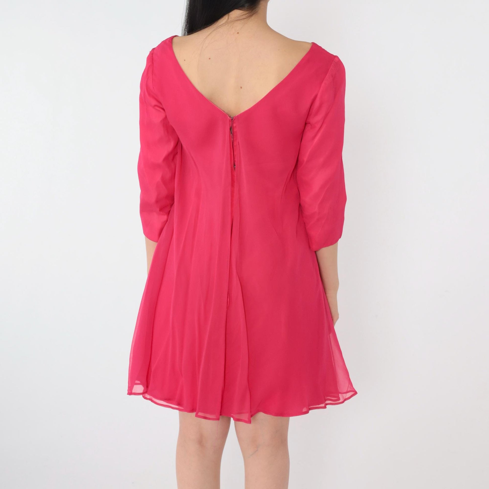 60s Pink Chiffon Mini Dress Empire Waist Floral Applique Long Sleeve Extra Small