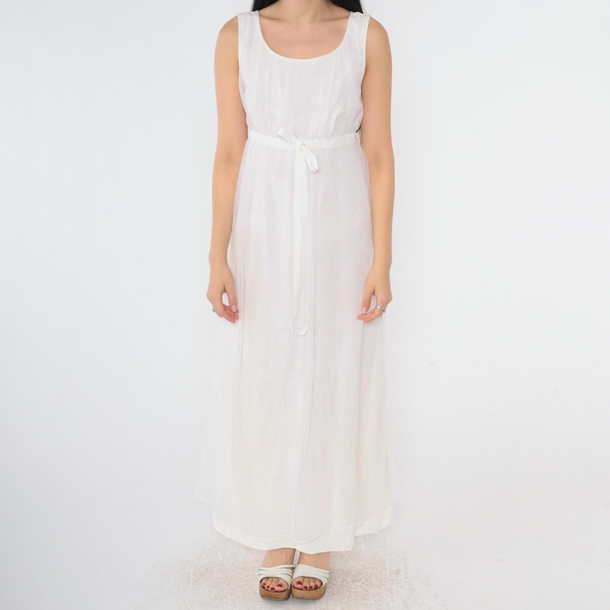 70s White Nylon Maxi Slip Dress Empire Waist Drawstring Scoop Neck Small