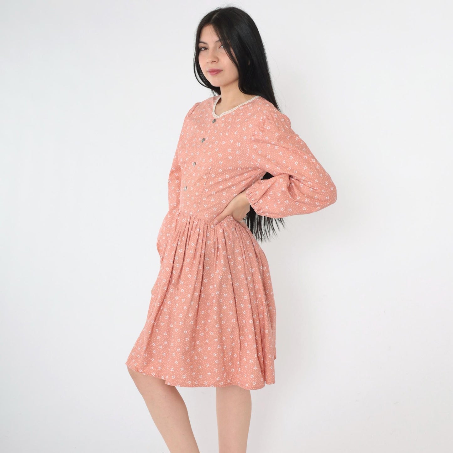 70s Peach Calico Floral Mini Dress Puff Sleeve High Waist Small