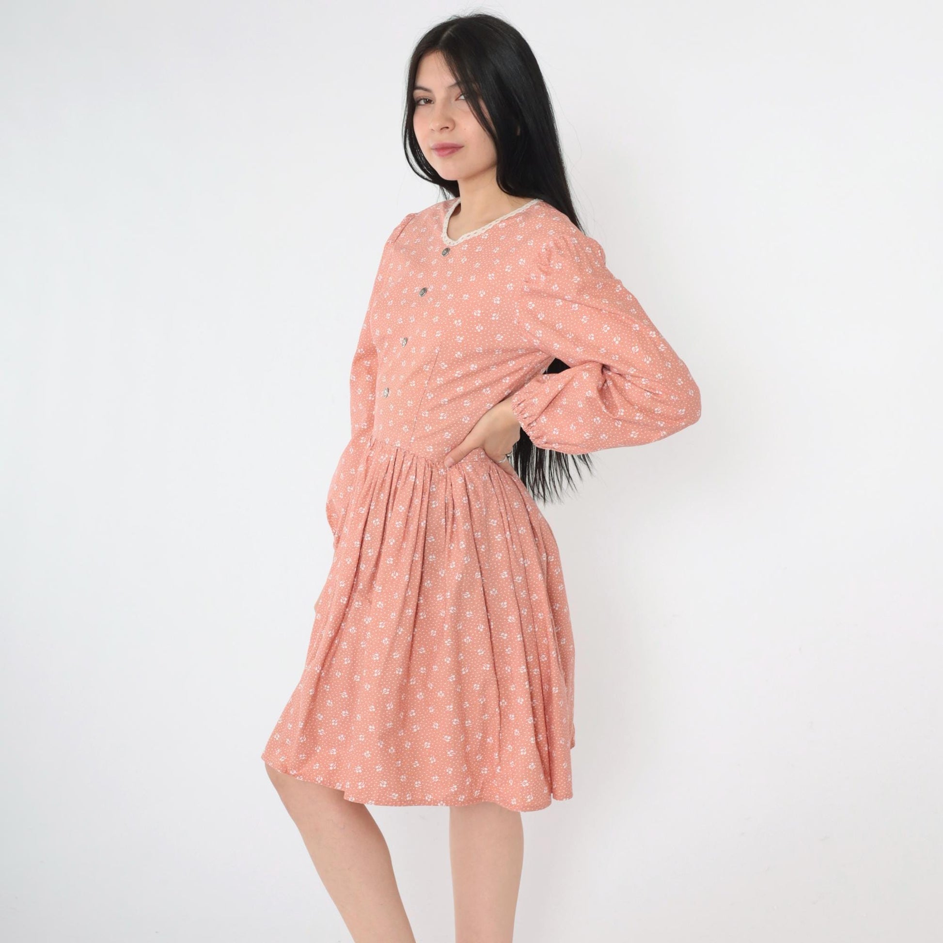 70s Peach Calico Floral Mini Dress Puff Sleeve High Waist Small