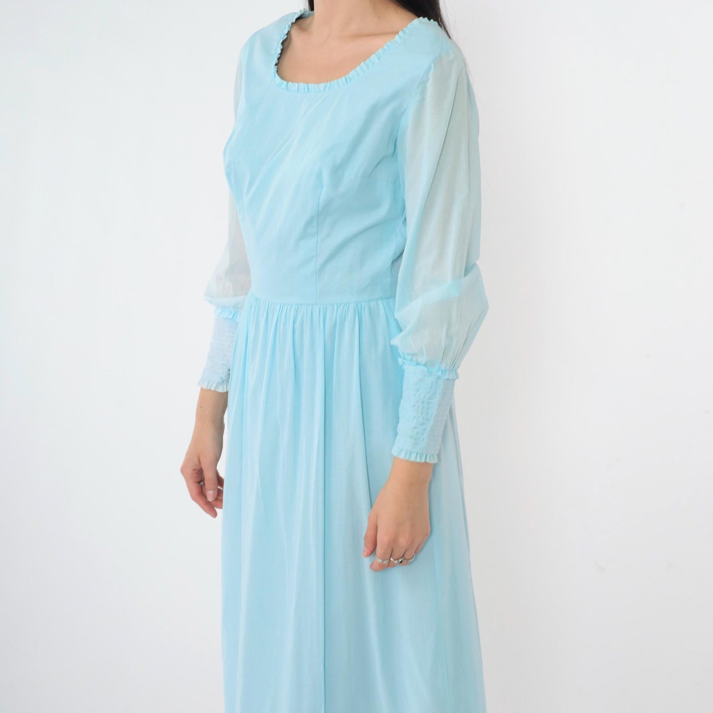 1970s Baby Blue Maxi Dress High Waist Scoop Neck Long Sleeve Ruffled Small