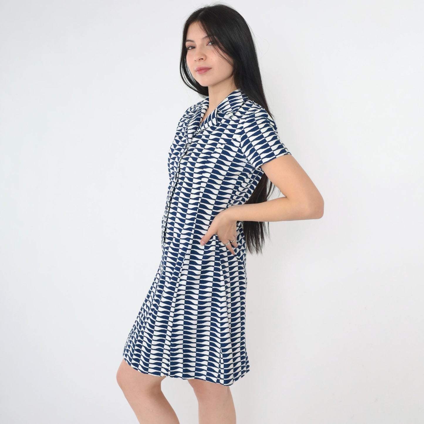 60s Mod Mini Dress Op Art Print A-Line Button Up Navy White Small