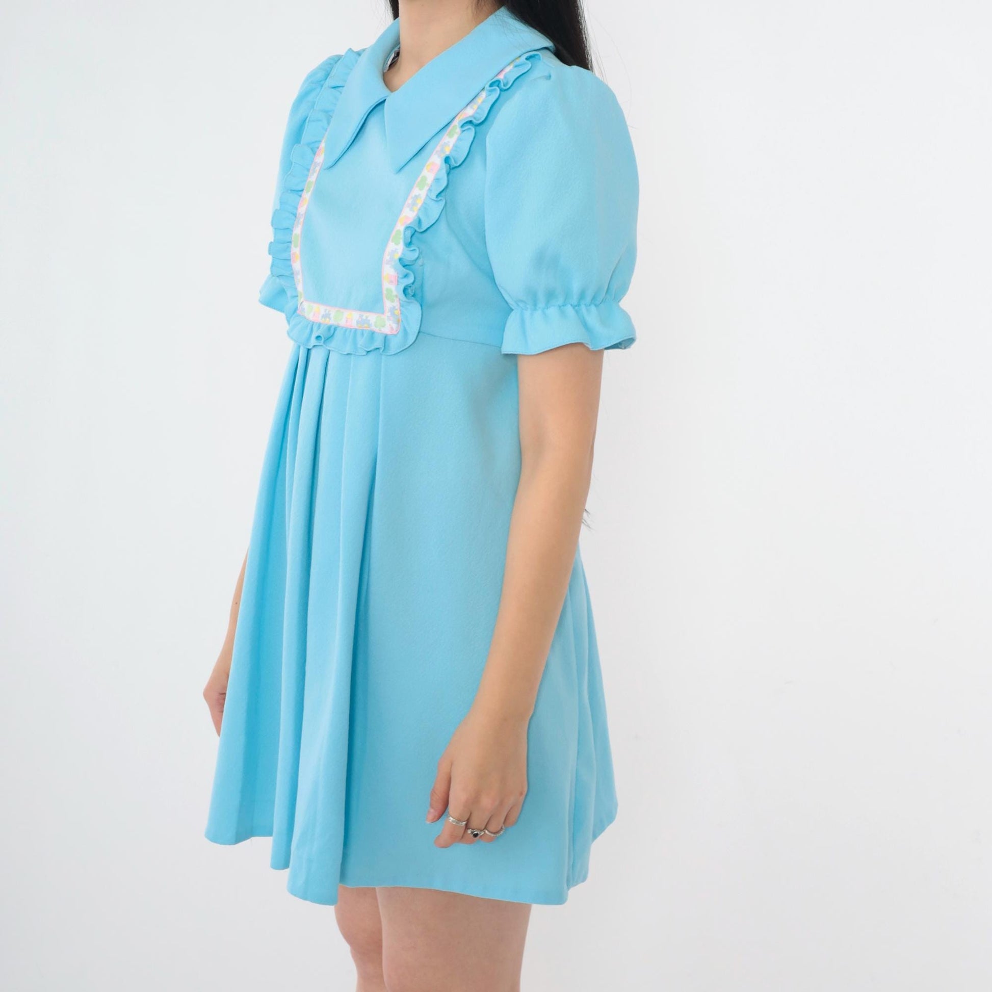 1970s Babydoll Mini Dress Empire Waist Puff Sleeve Blue Embroidered Bib Small