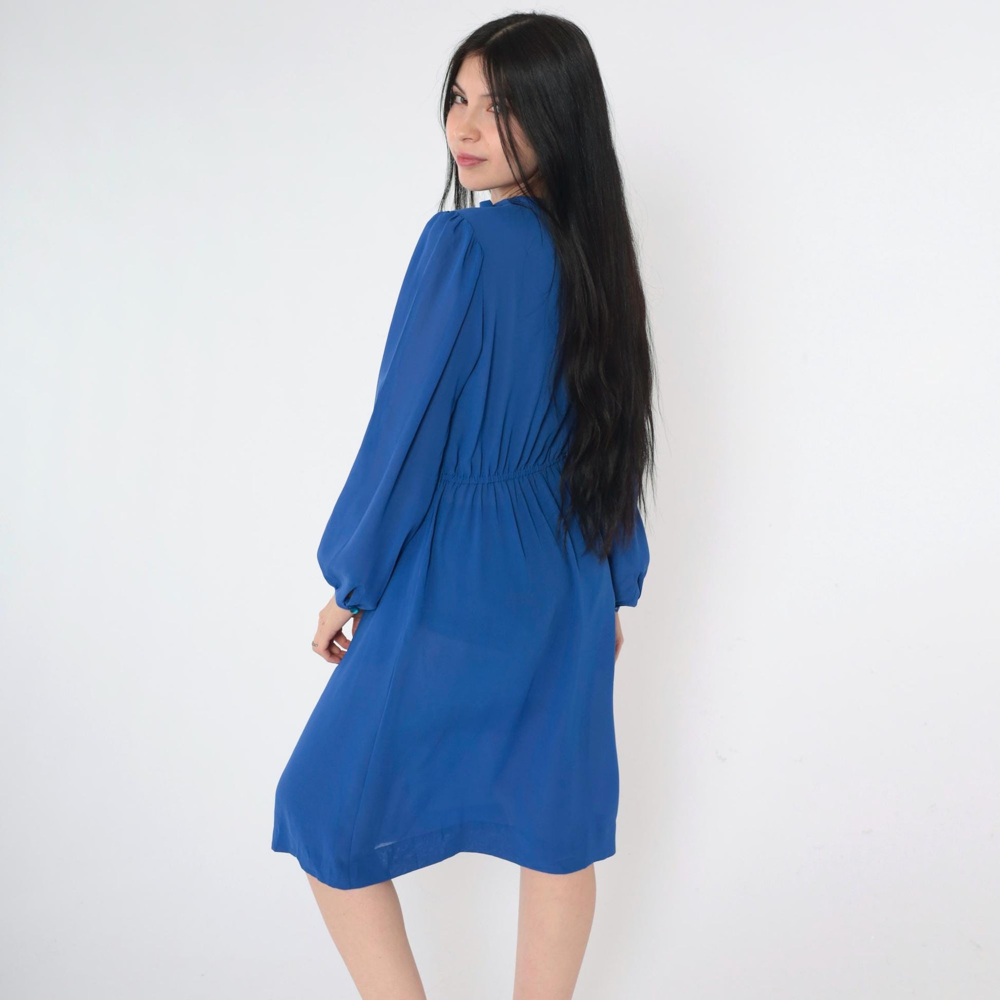 80s Sheer Blue Shirtwaist Midi Dress Puff Sleeve High Waist Small Medium