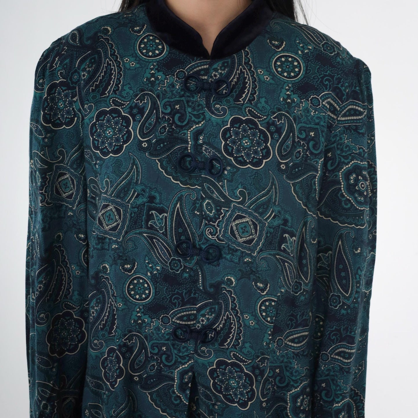 90s Blue Paisley Mandarin Collar Maxi Dress Puff Sleeve Frog Closure Medium Large