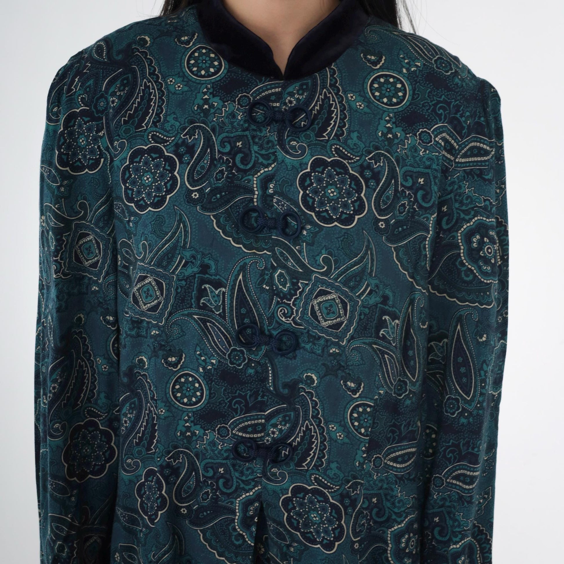 90s Blue Paisley Mandarin Collar Maxi Dress Puff Sleeve Frog Closure Medium Large