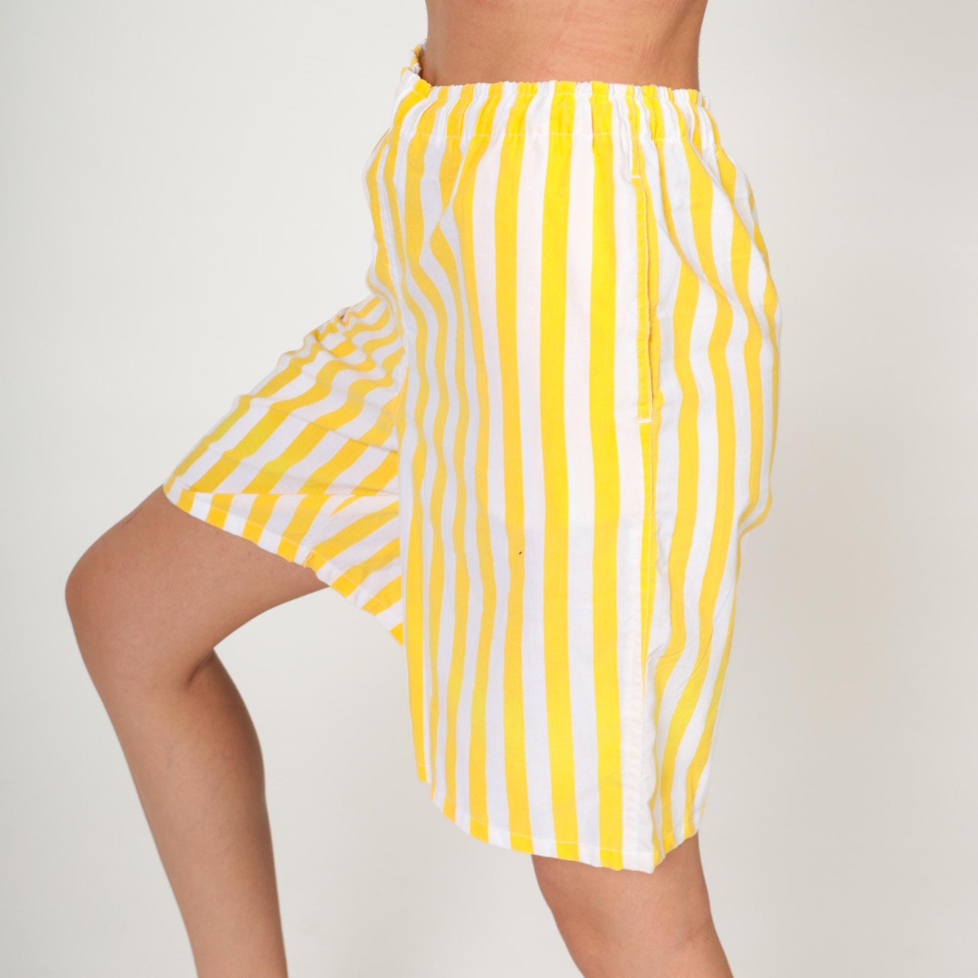 90s Sportego Striped Bermuda Shorts Yellow White Elastic Waist Small