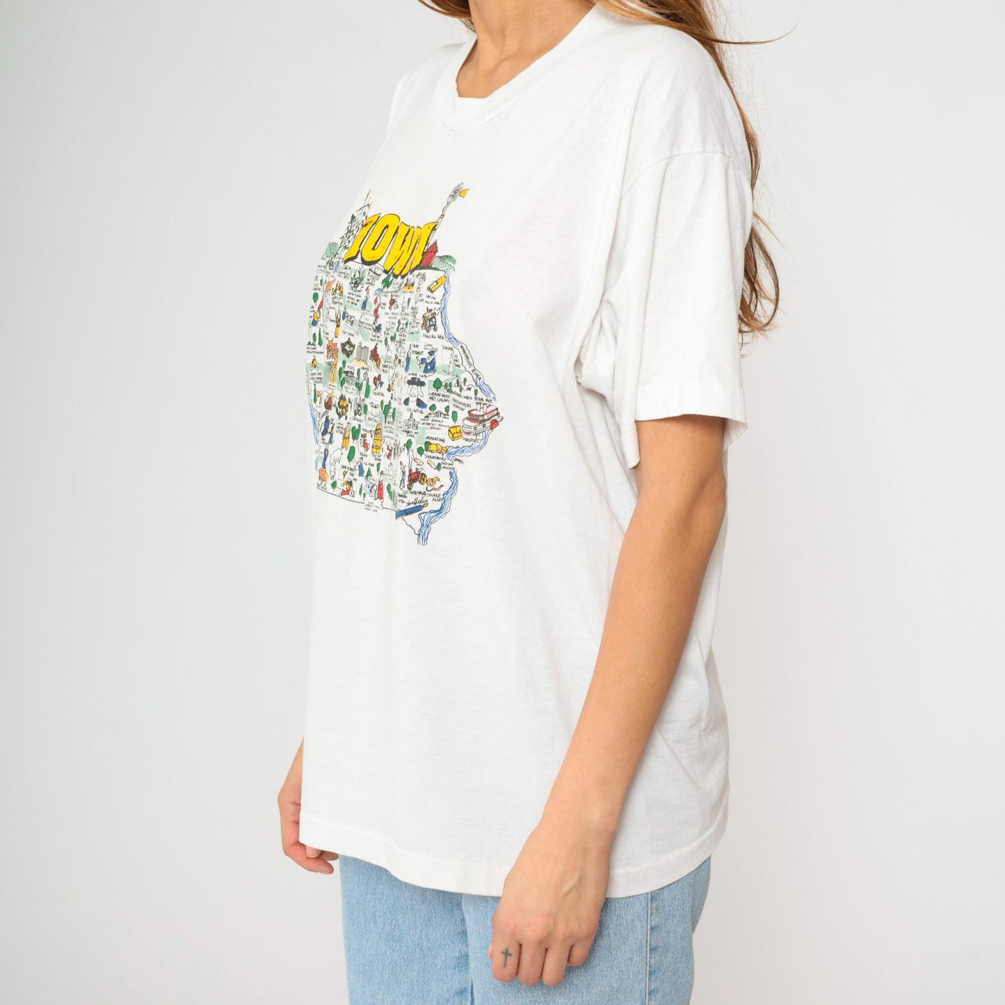 90s Iowa State Map Graphic T-Shirt White Crewneck Extra Large XL