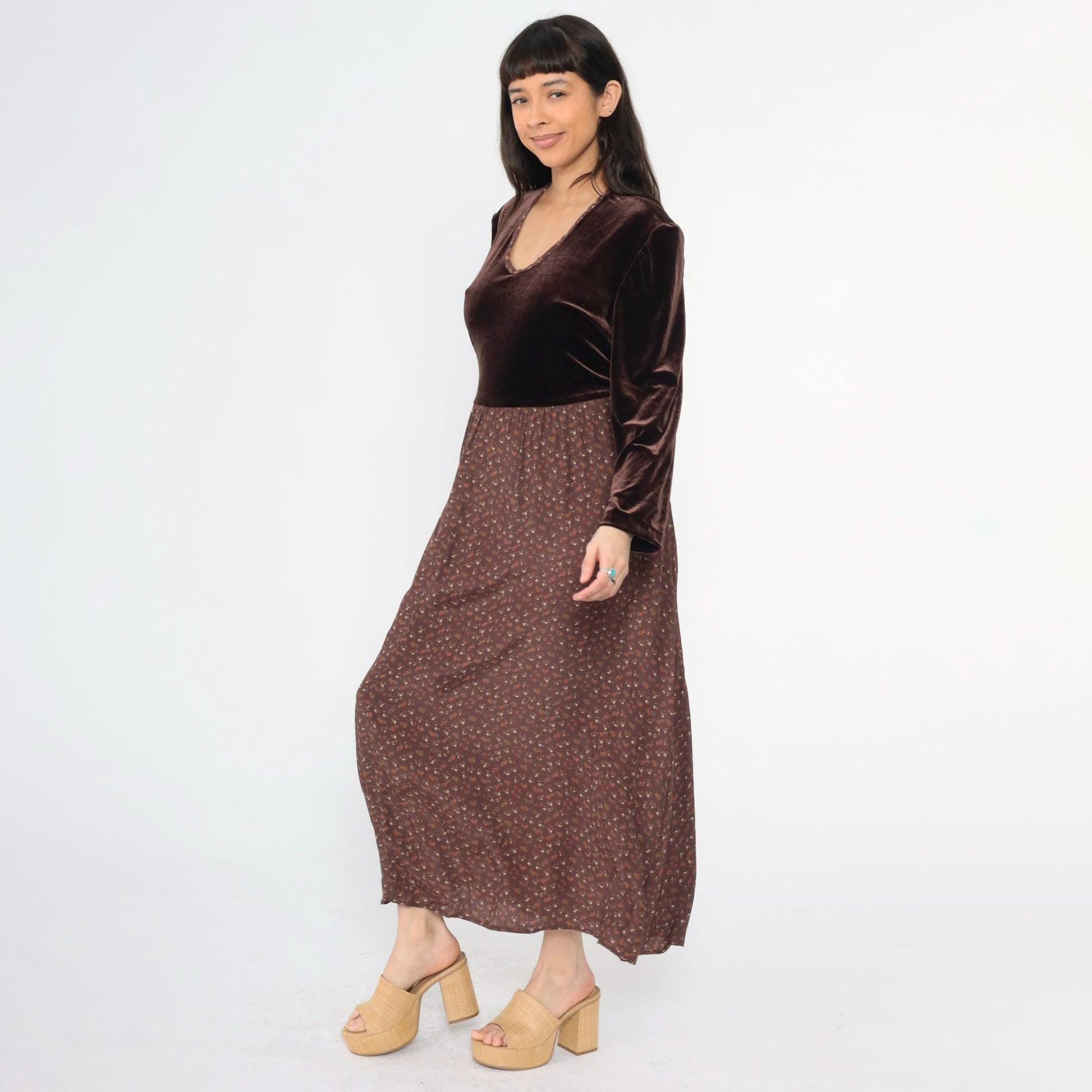 90s Zoe California Floral Velvet Maxi Dress Brown Scoop Neck High Waist Extra Large