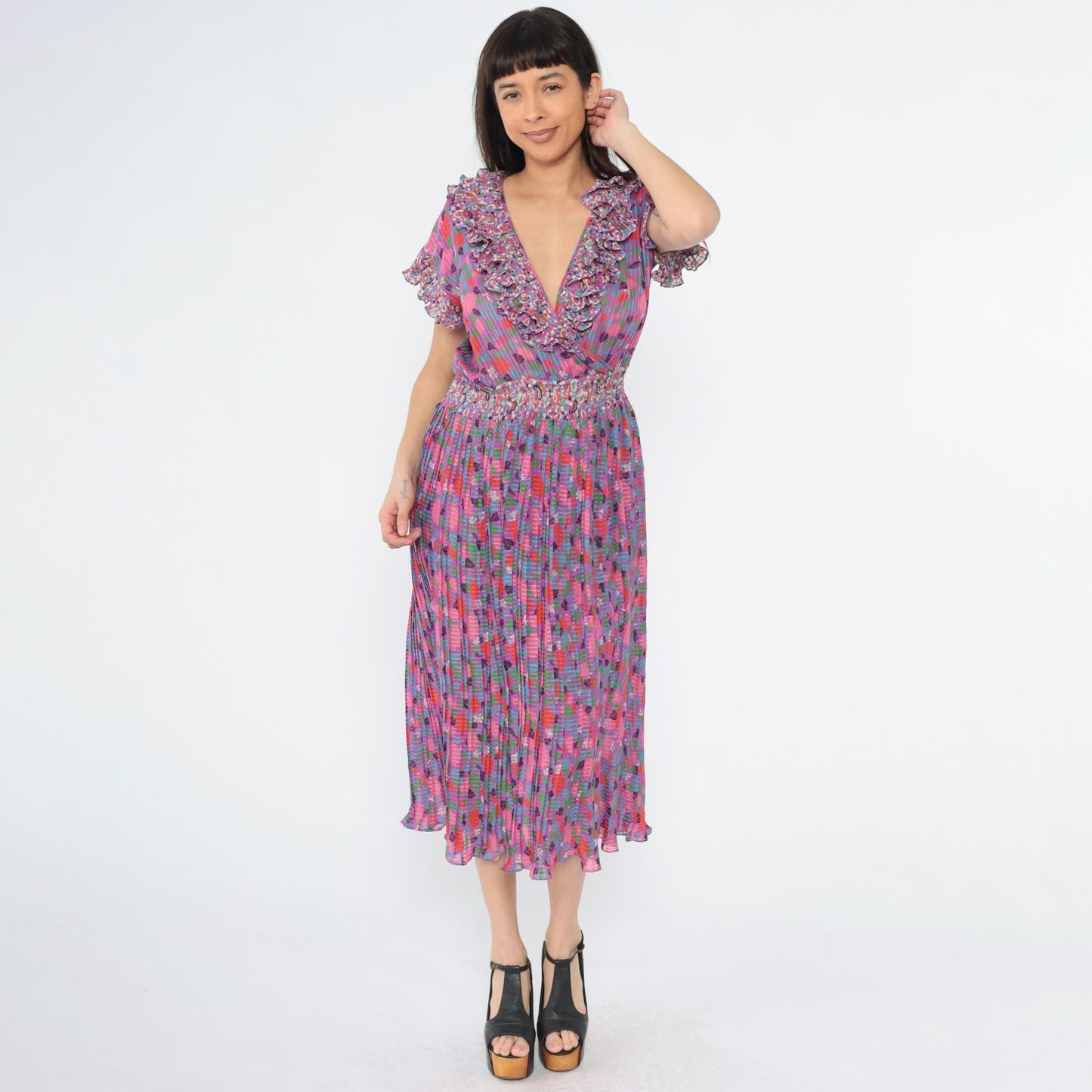80s Diane Freis Floral Midi Dress Deep V Ruffle Cap Sleeve Purple Pink Small Medium