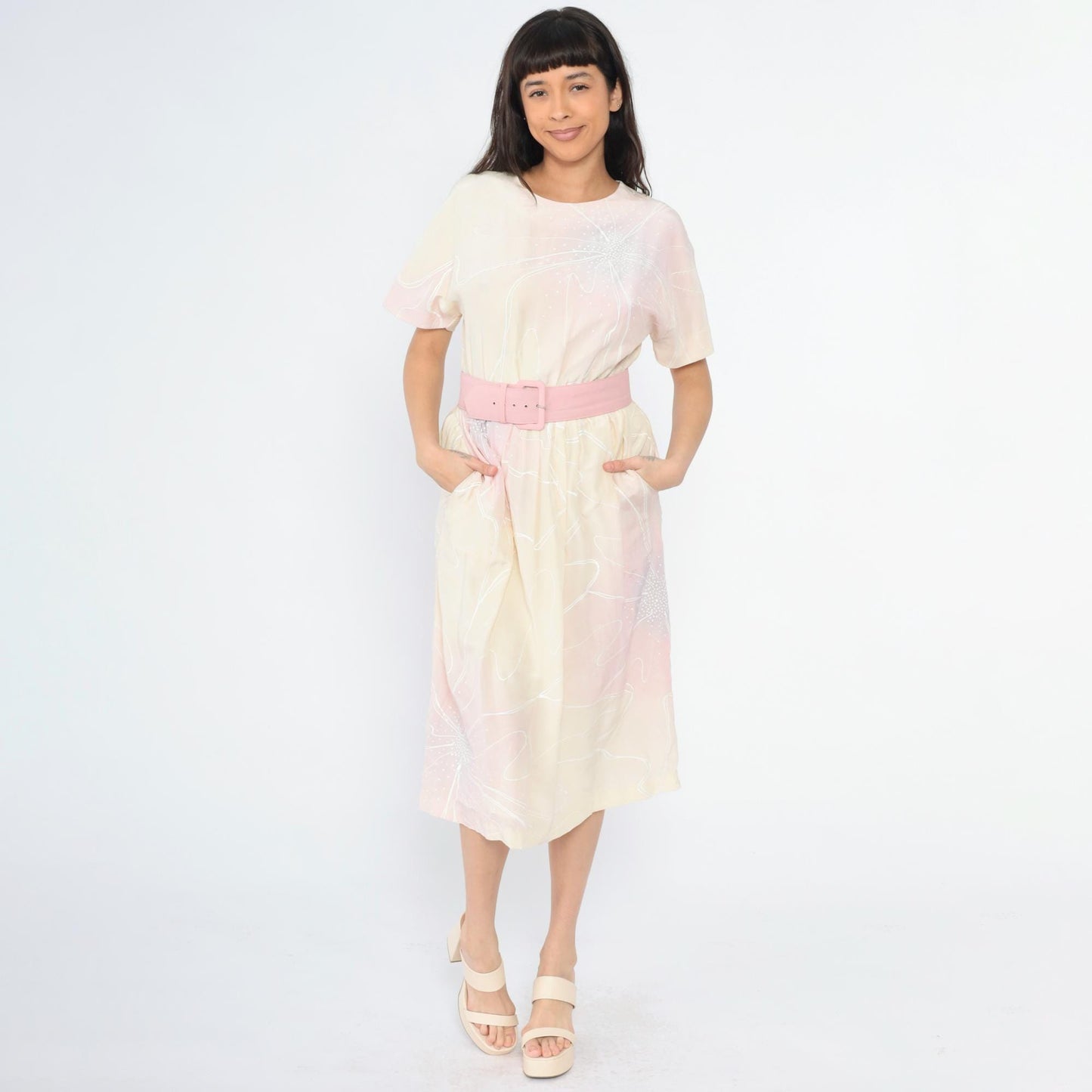 80s Pastel Floral Midi Dress Keyhole Back High Waist Belt Pink Yellow Small
