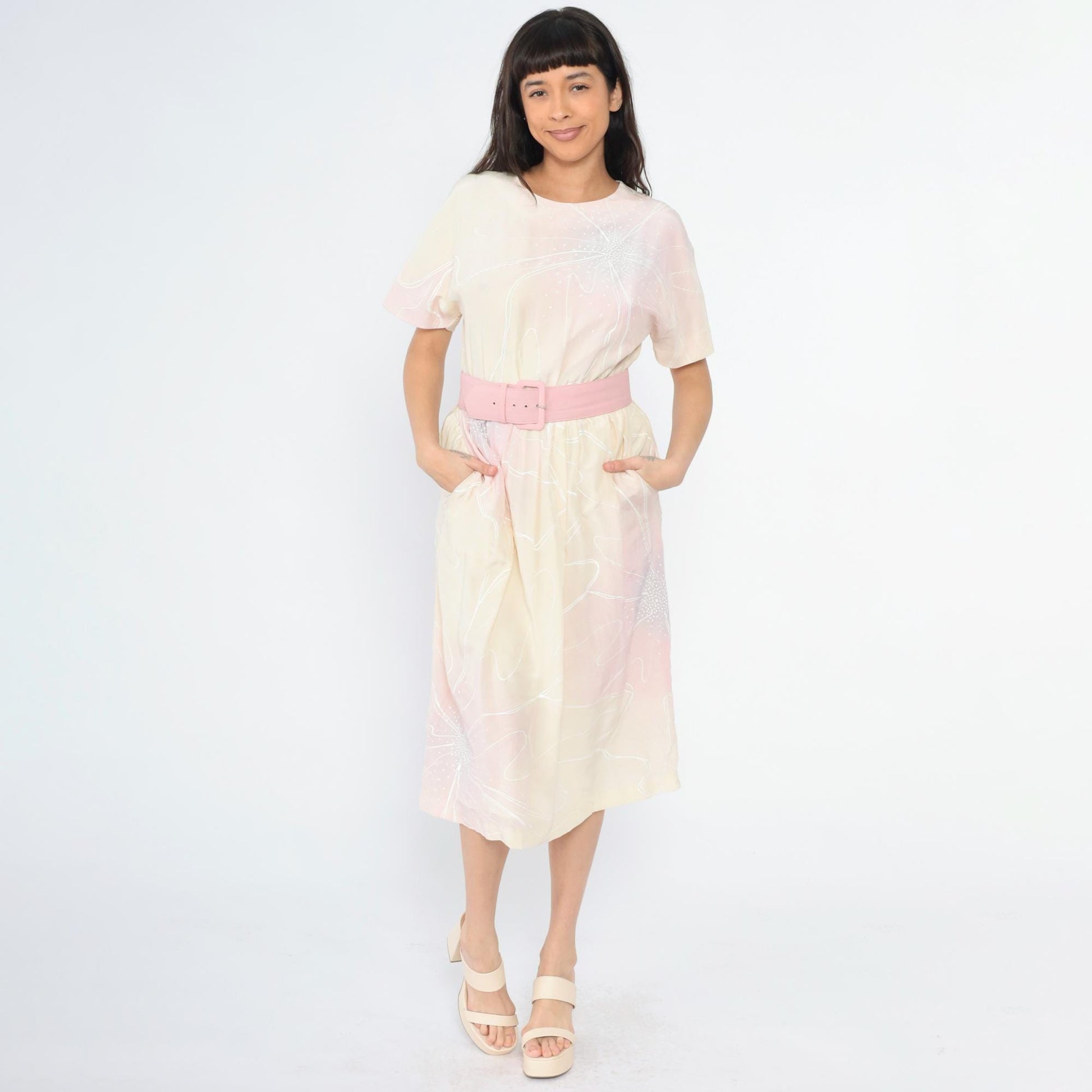 80s Pastel Floral Midi Dress Keyhole Back High Waist Belt Pink Yellow Small