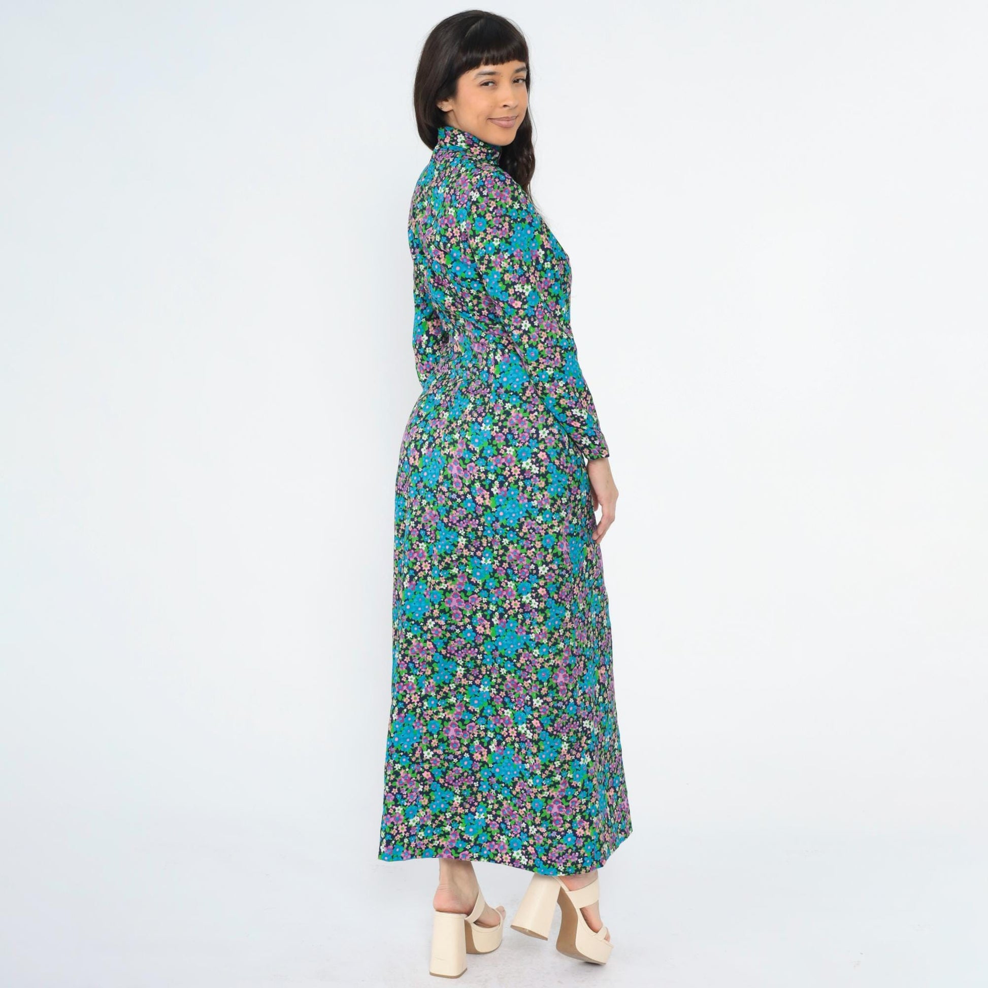 70s Blue Floral Maxi Dress Mock Neck Long Sleeve Princess Seams Small S