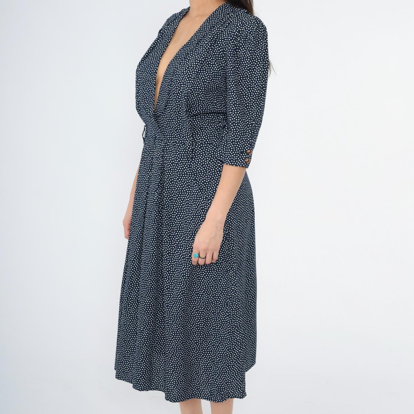 80s Navy Polka Dot Midi Dress Deep V Neck Puff Sleeve Pleated Small