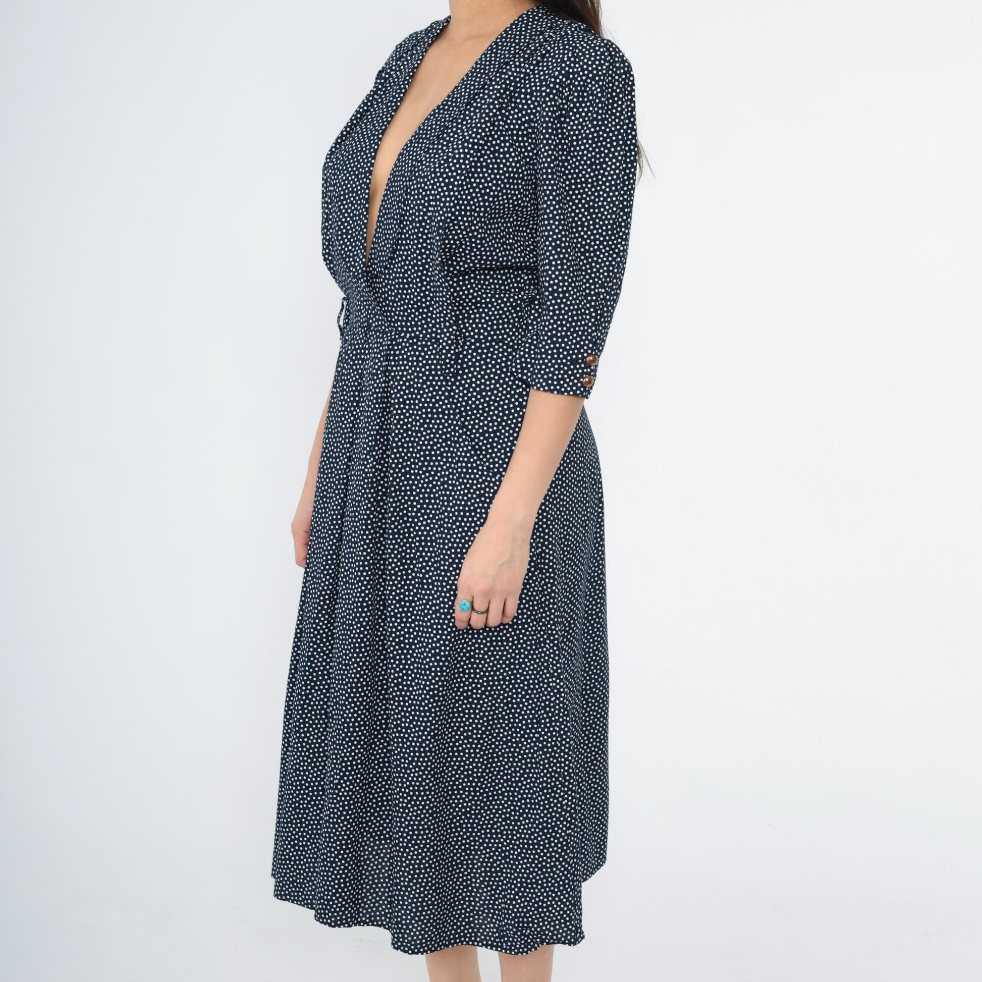 80s Navy Polka Dot Midi Dress Deep V Neck Puff Sleeve Pleated Small