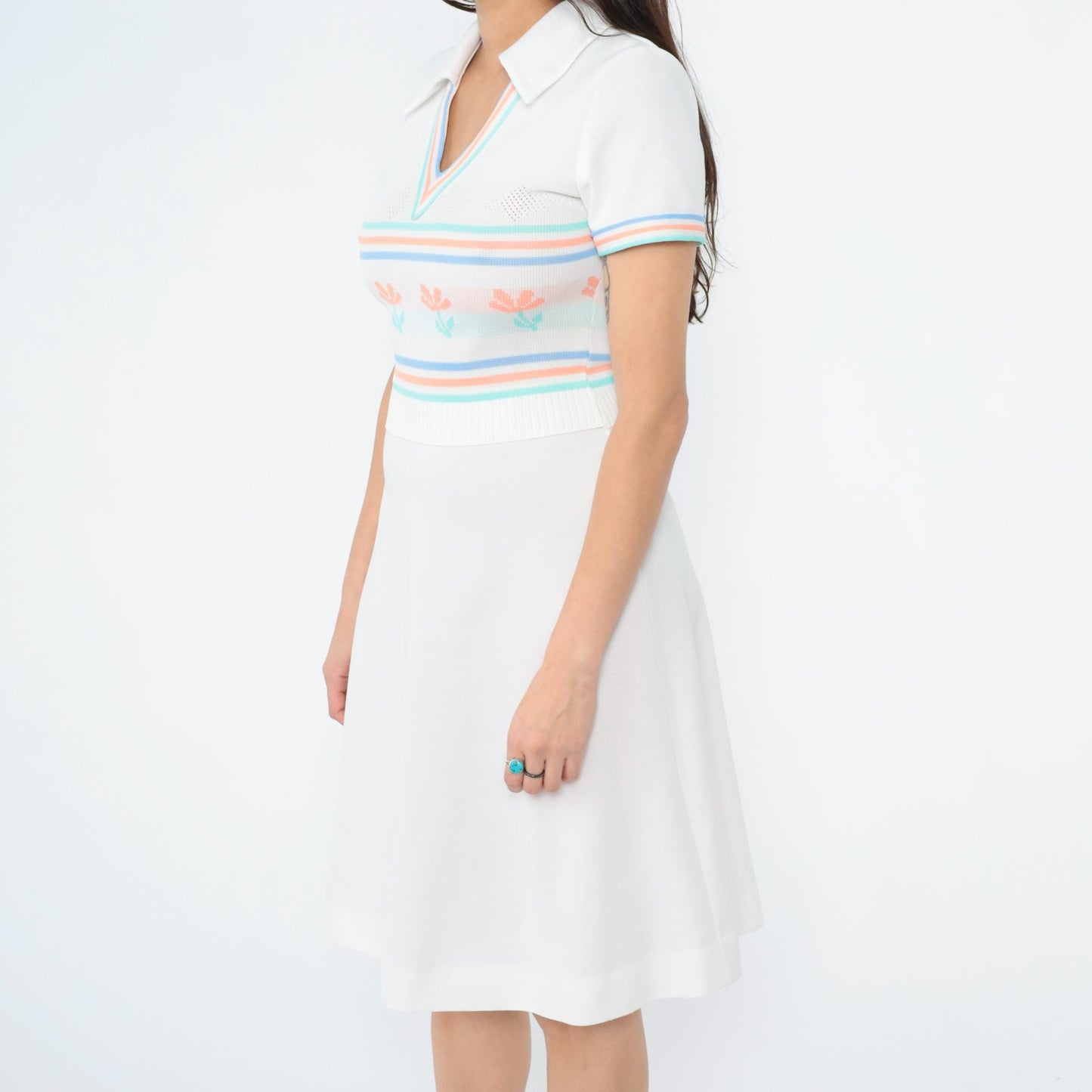 70s White Knit Dress Floral Stripe Collared V-Neck Midi Small