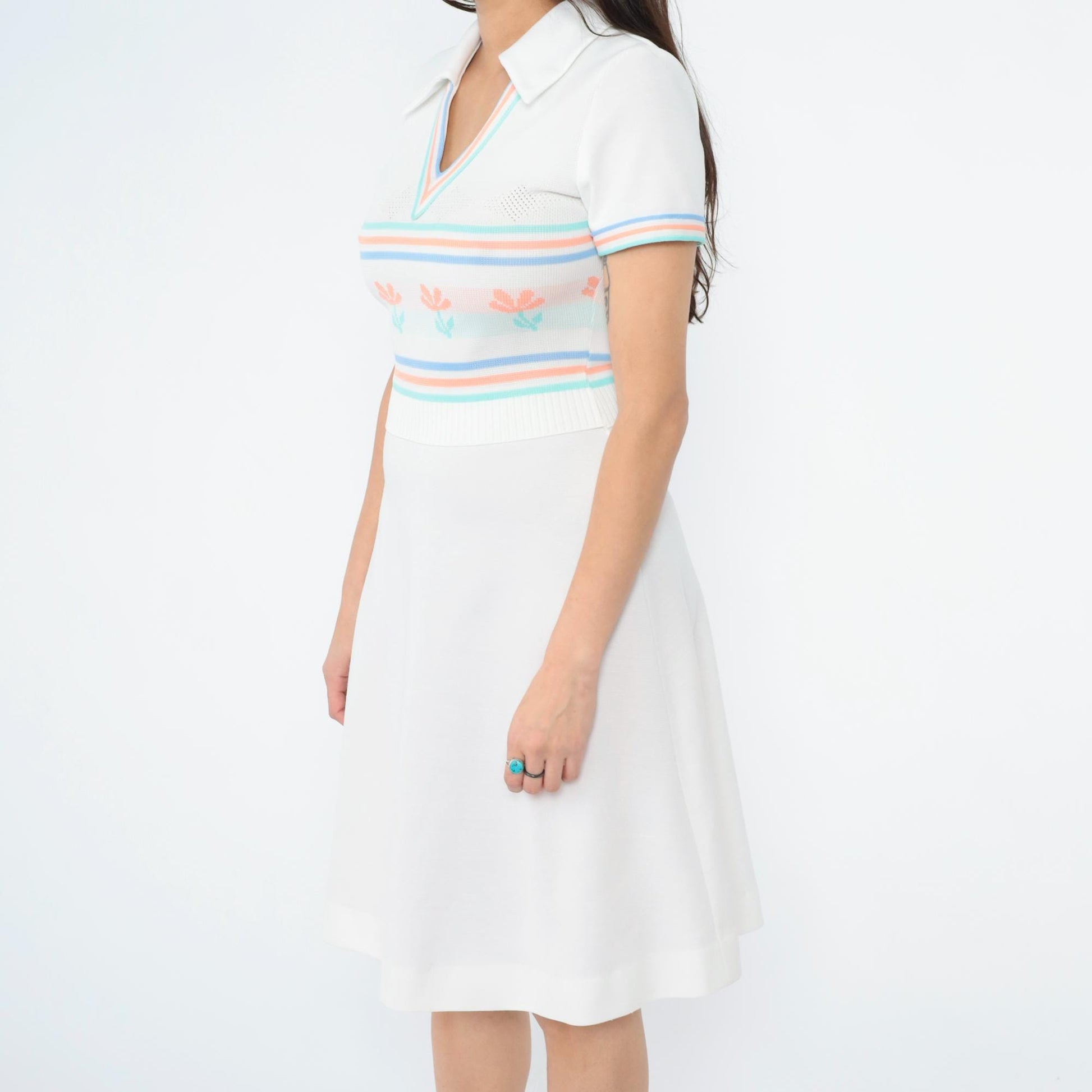 70s White Knit Dress Floral Stripe Collared V-Neck Midi Small
