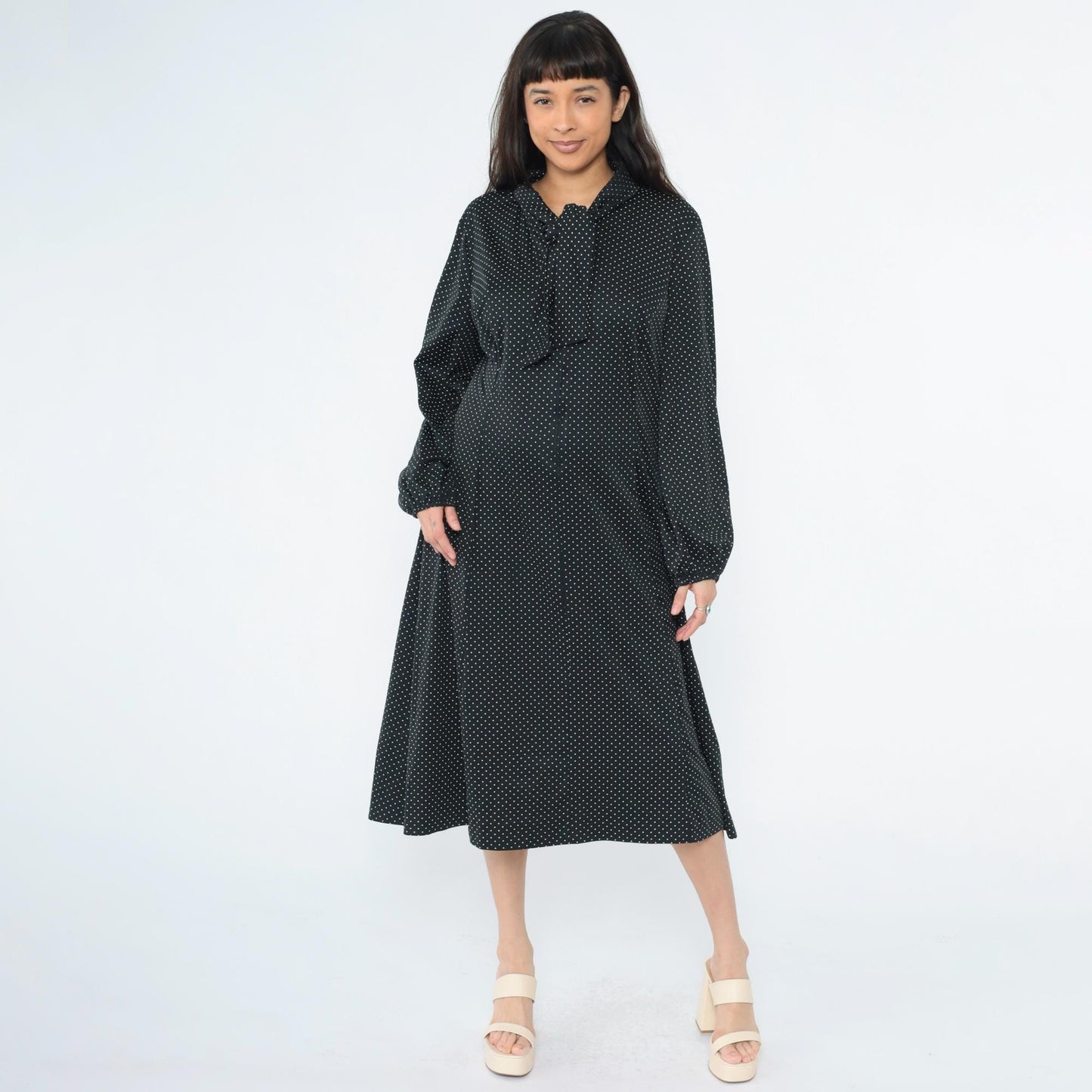70s Black Polka Dot Ascot Midi Dress Long Sleeve Shift Plus Size XXL