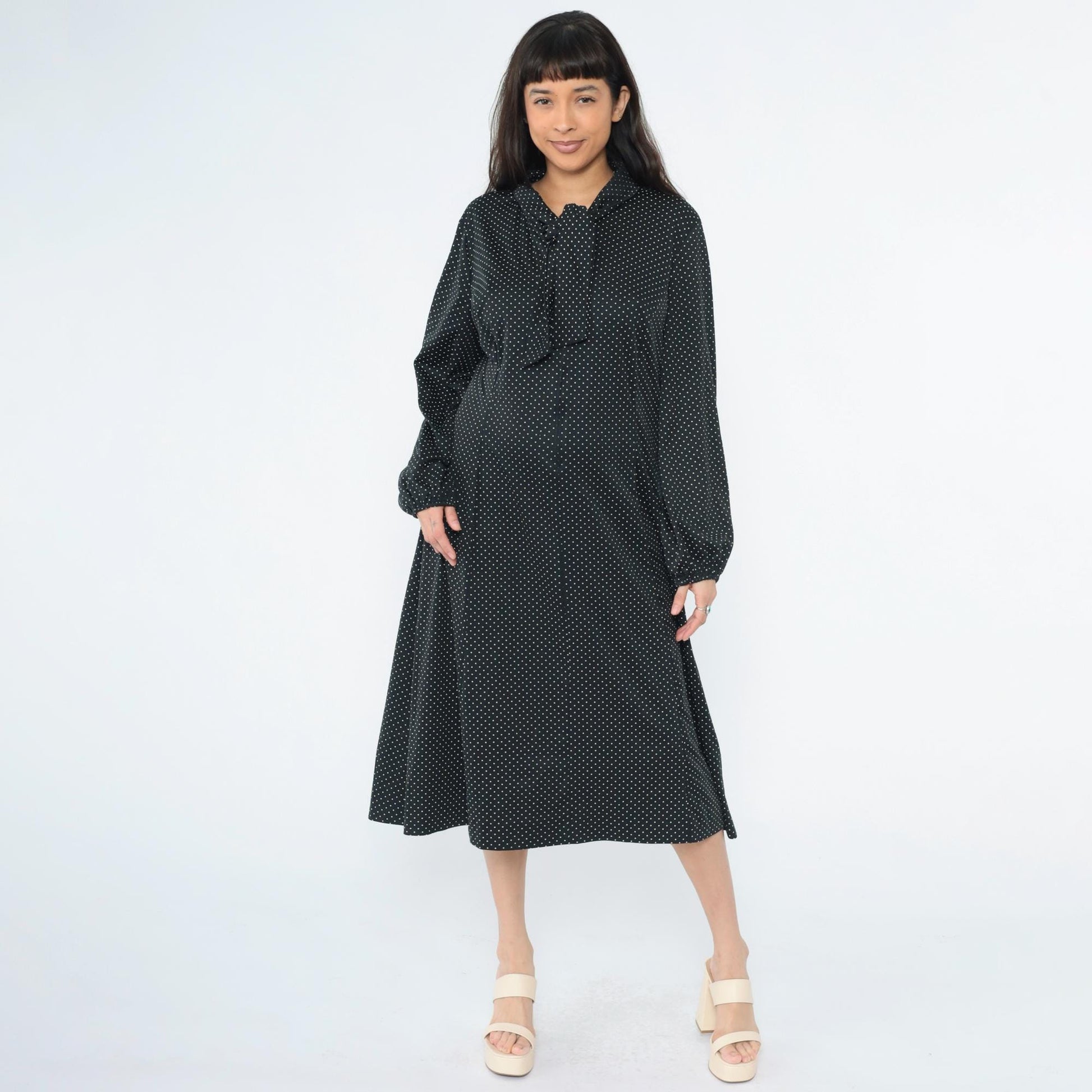 70s Black Polka Dot Ascot Midi Dress Long Sleeve Shift Plus Size XXL