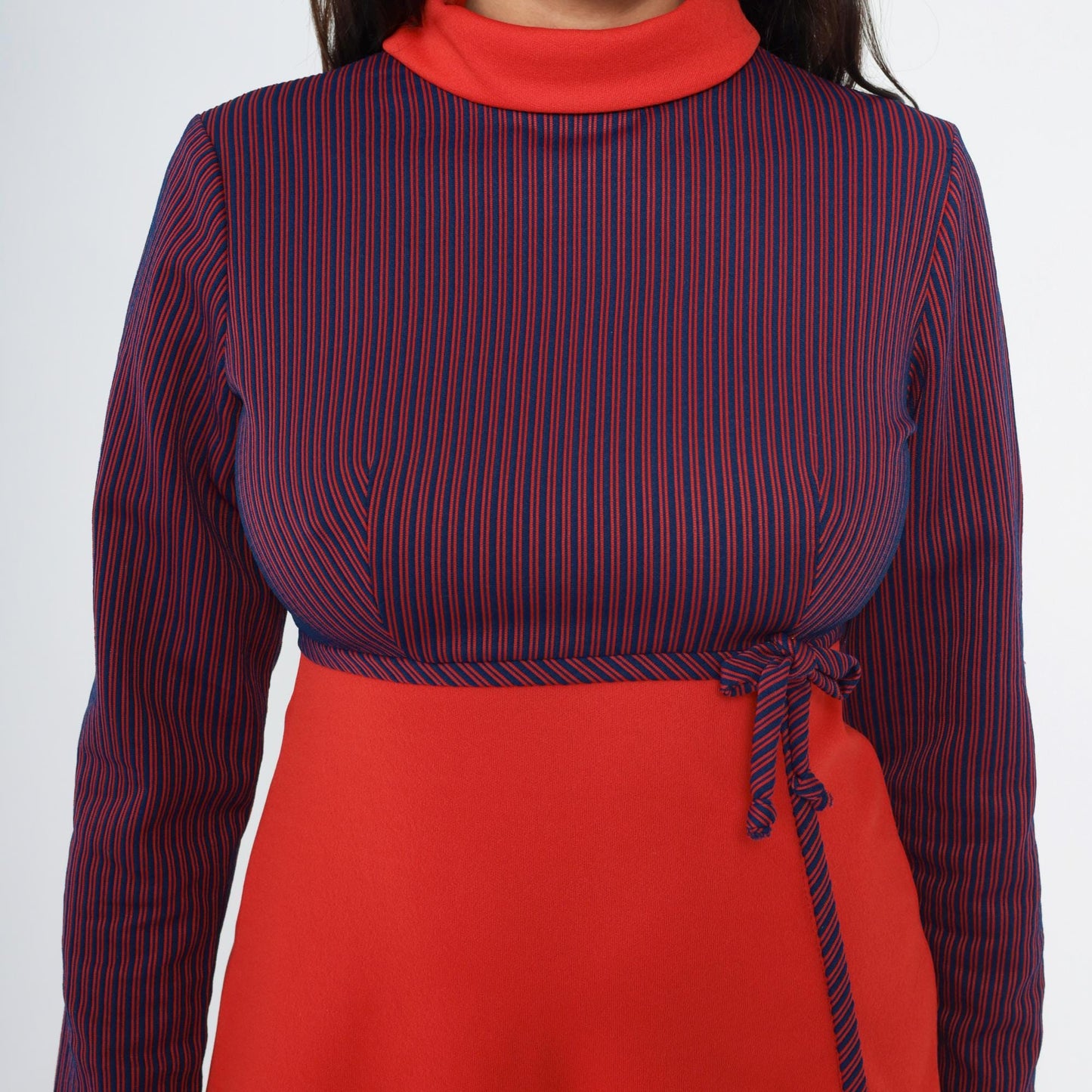 60s Mod Mini Dress Red Blue Striped Empire Waist Mock Neck Small