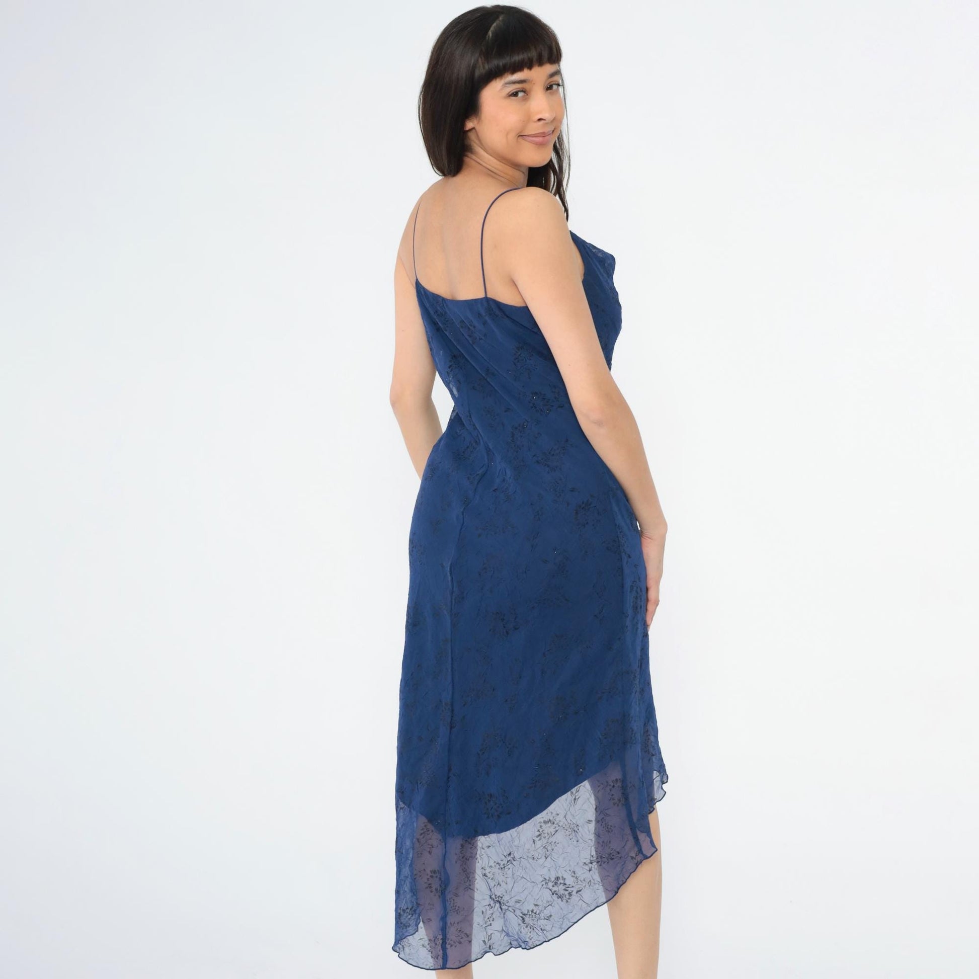 90s Dark Blue Floral Sparkly Chiffon Spaghetti Strap High-Low Midi Dress Medium 8