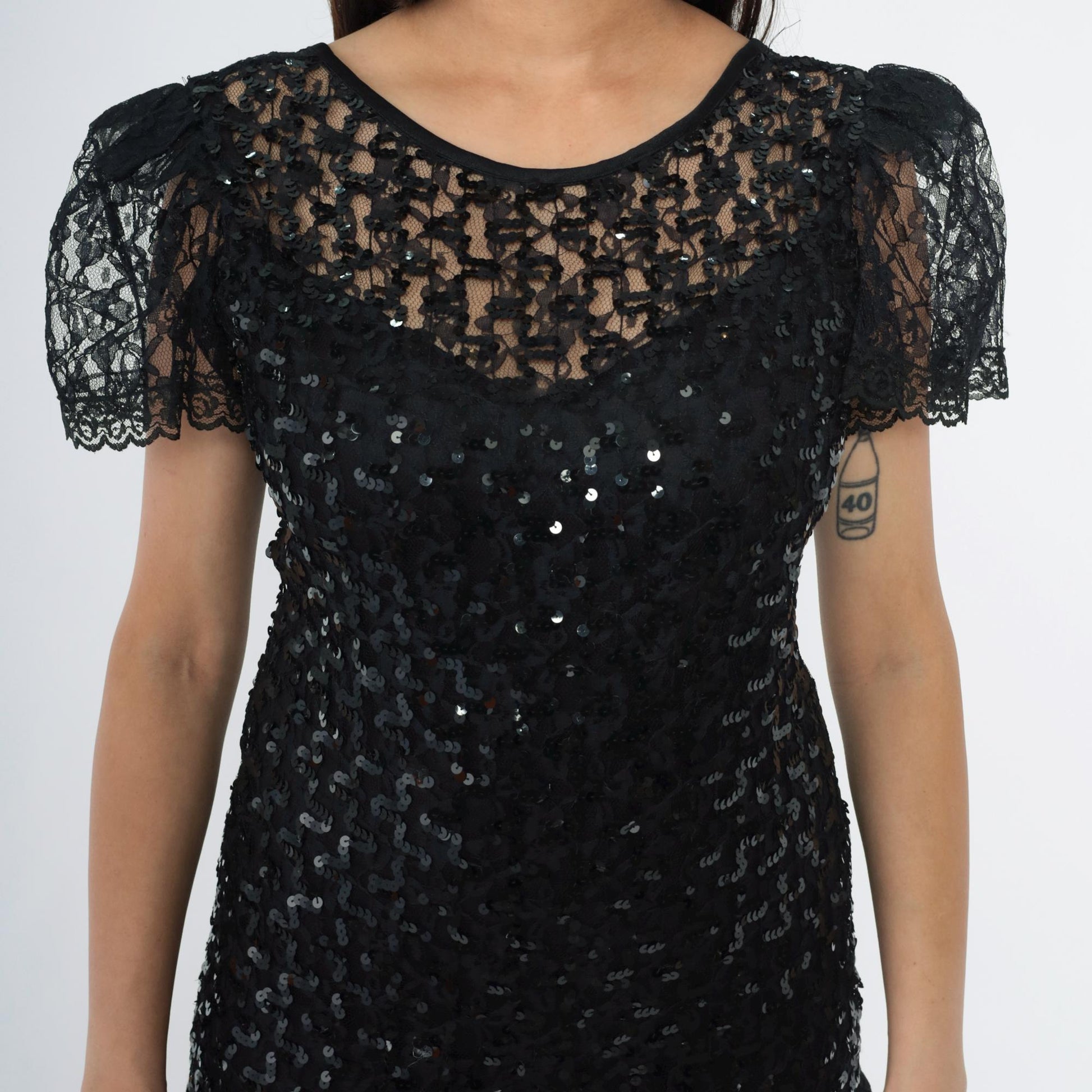 80s Night Moves Black Sequin Lace Midi Dress Puff Sleeve Mermaid Hem Small