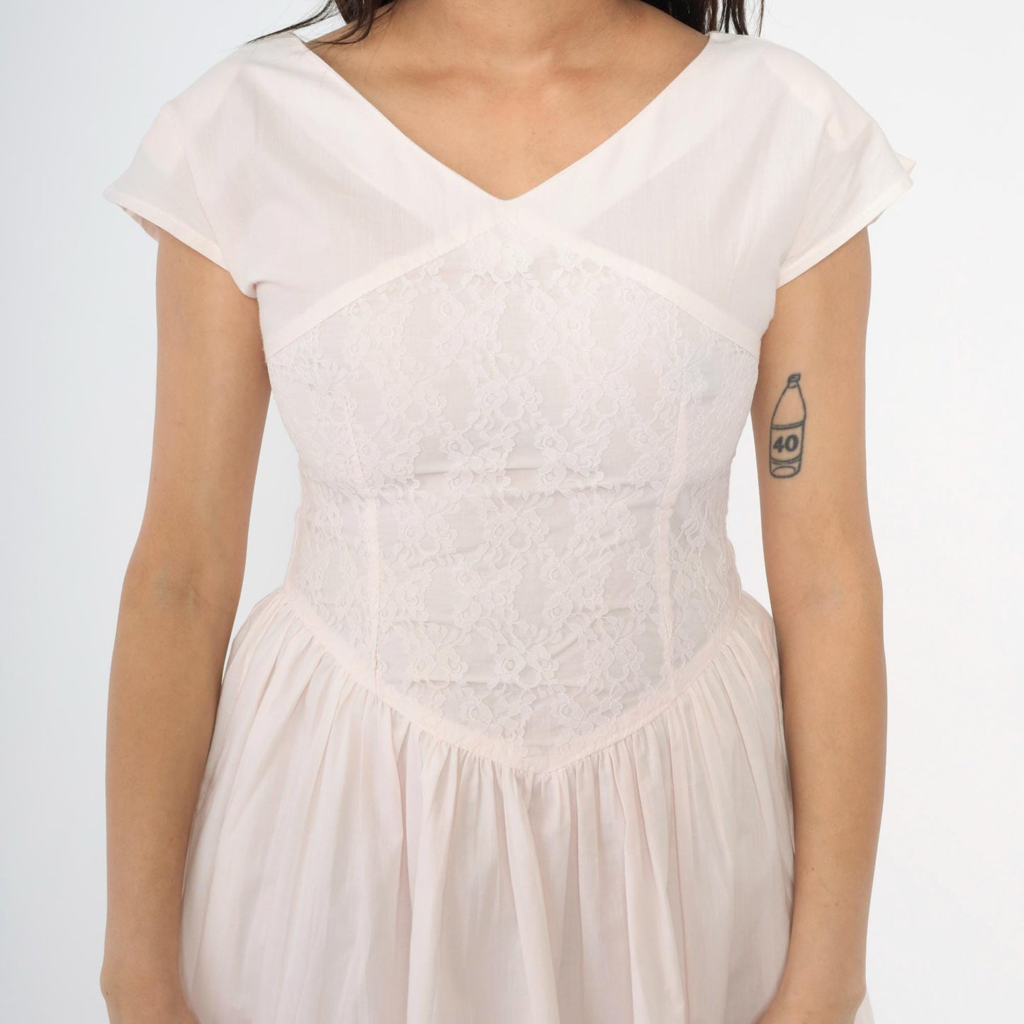 80s Pale Pink Lace Party Dress Cap Sleeve Basque Waist Mini Small S